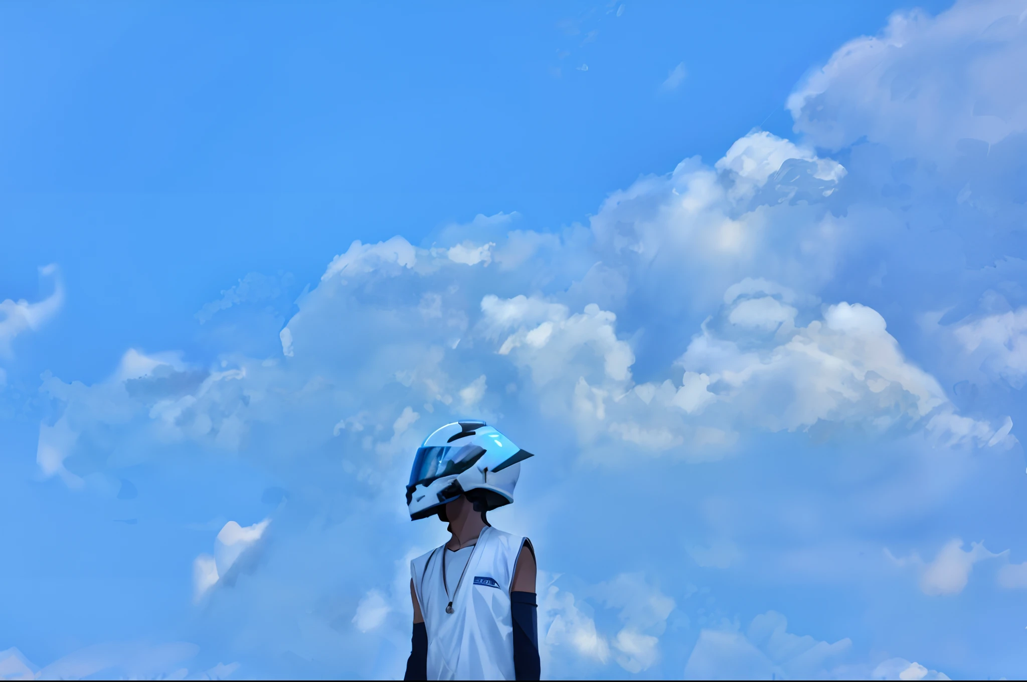 夏天,Makoto Shinkai's concept art,magic realism,beautiful anime scenes,beautiful sky((Shinkai sincerely)),Makoto Shinkai's style,anime movie backgrounds, men look up at the sky, low angle photo, Looking at the sky, Looking Up The Sky, with clouds in the sky, with dramatic sky, Summer sky, Focus on the sky, sky!!!, wearing winged helmet, there is blue sky, Clear sky, Blue sky, girl clouds