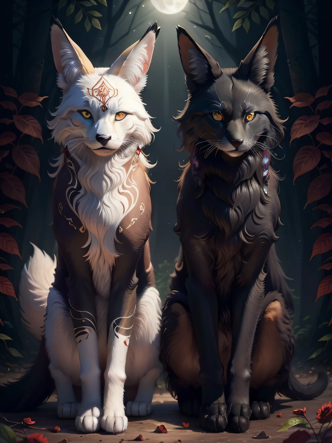 with four legs, a ((cat, maned wolf)) hybrid animal, solid rich deep black fur color, very dark forest trail, wearing a glowing enchanted gemmed color with bioluminescent, bioluminescent, full moon-lit, iconography, hints of maroon color, ultra detailed, beautiful and aesthetic, High quality, beautiful, masterpiece, best quality, (zentangle, mandala, tangle, entangle :0.6), 24k resolution, photorealistic, mythical white fox with nine tails, looking directly at viewer,white with some red tattoos