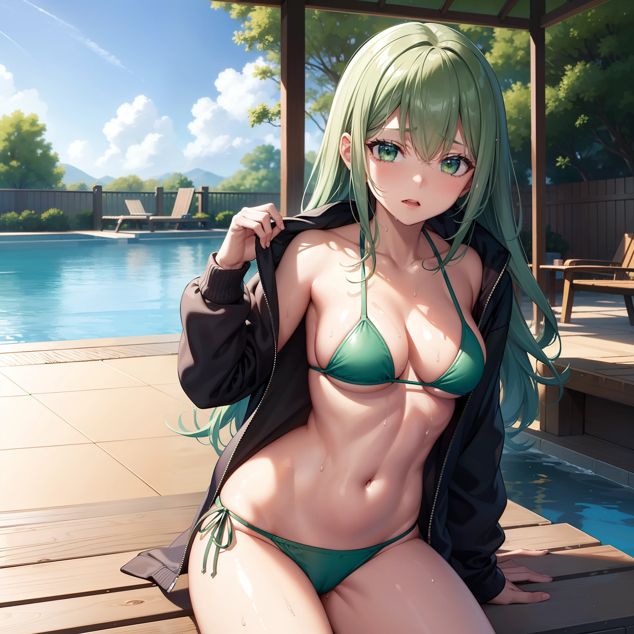 ((masuter piece)), Best Quality, ultra-detailliert, Beautiful green eyes,Beautiful big breasts, Lively poolside, Wet mini bikini and hoodie, Embarrassed look, Leaning forward, In a zippered hoodie, Not looking at the camera.