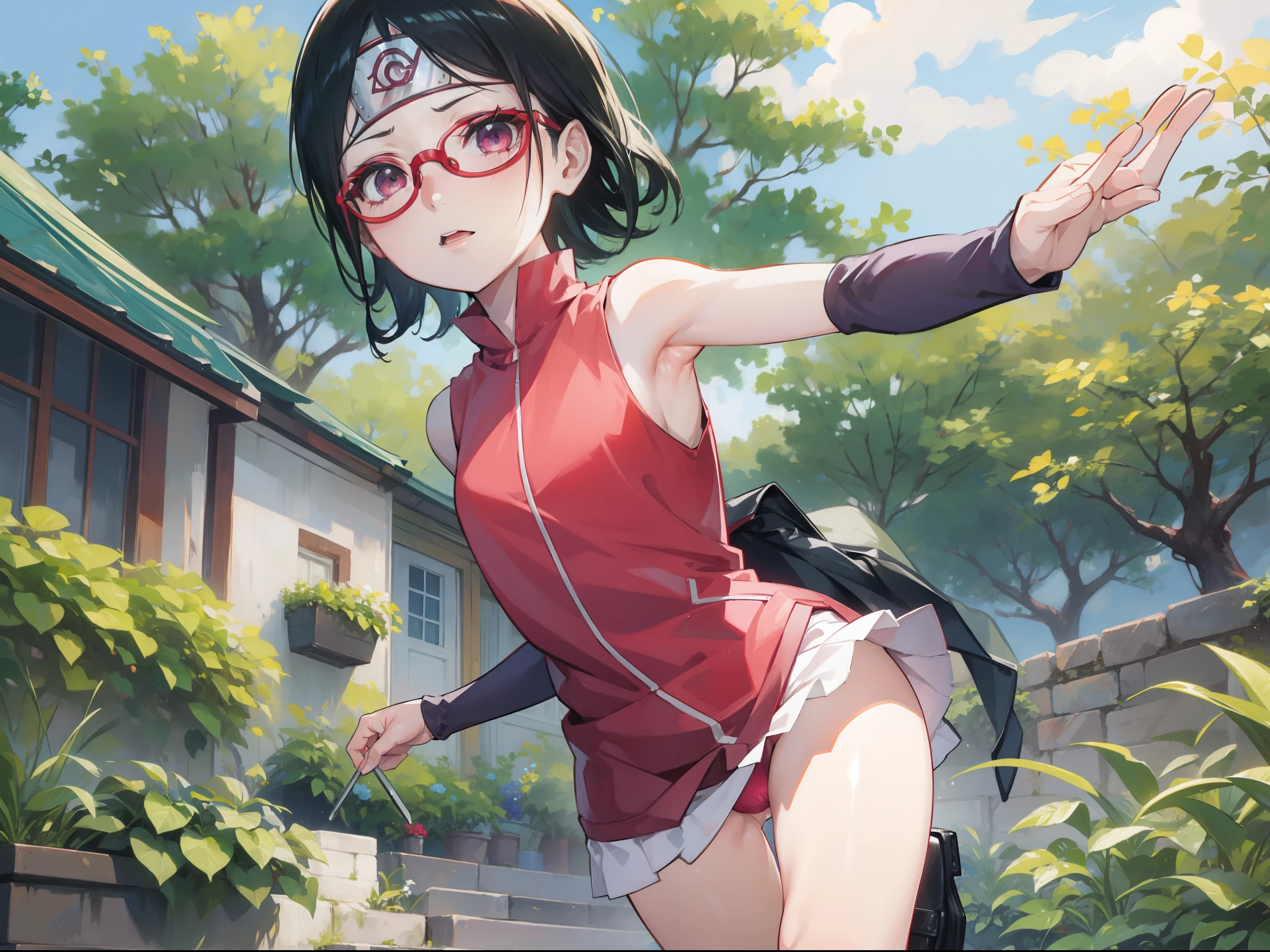 Sarada uchiha, armpit, , glasses, garden, wet pussy