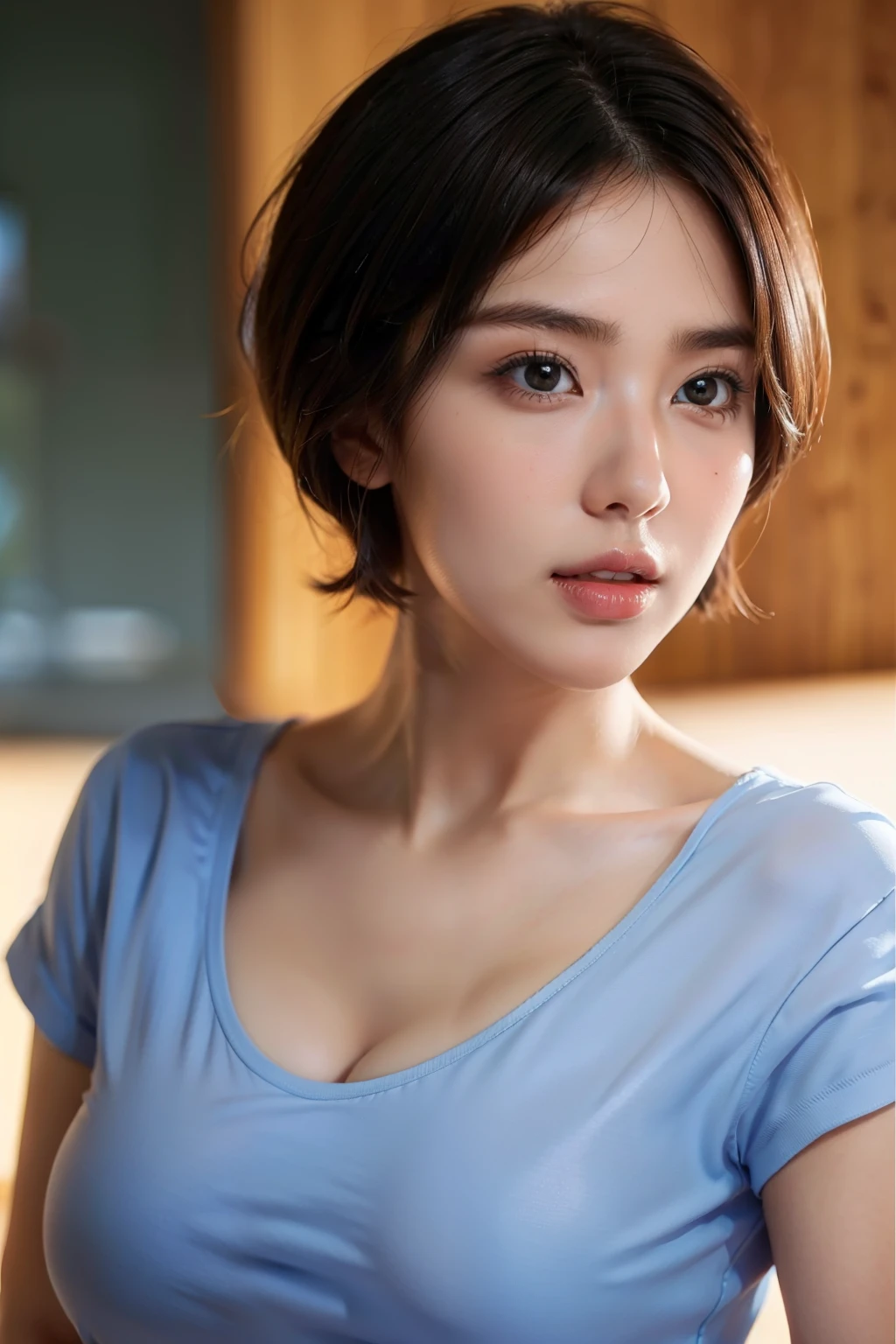 ((top quality, 8k, masterpiece: 1.3, raw photo)), Sharp Focus: 1.2, (1 aespa girl: 1.2), (Realistic, Photorealistic: 1.37), (face focus: 1.1), cute face, small breasts, flat chest, short messy hair, (wet white shirt: 1.1), bedroom, sunlight, movie lighting, ultra detailed face,