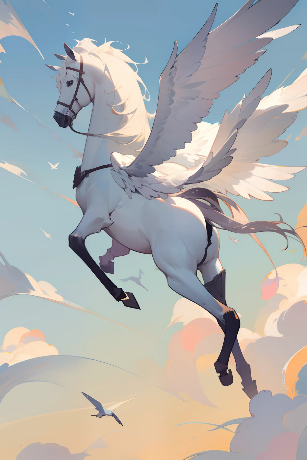 Masterpiece, Best Quality, White Horse Winged, four legs, clouded background, foreground. Spread wings 2 wings