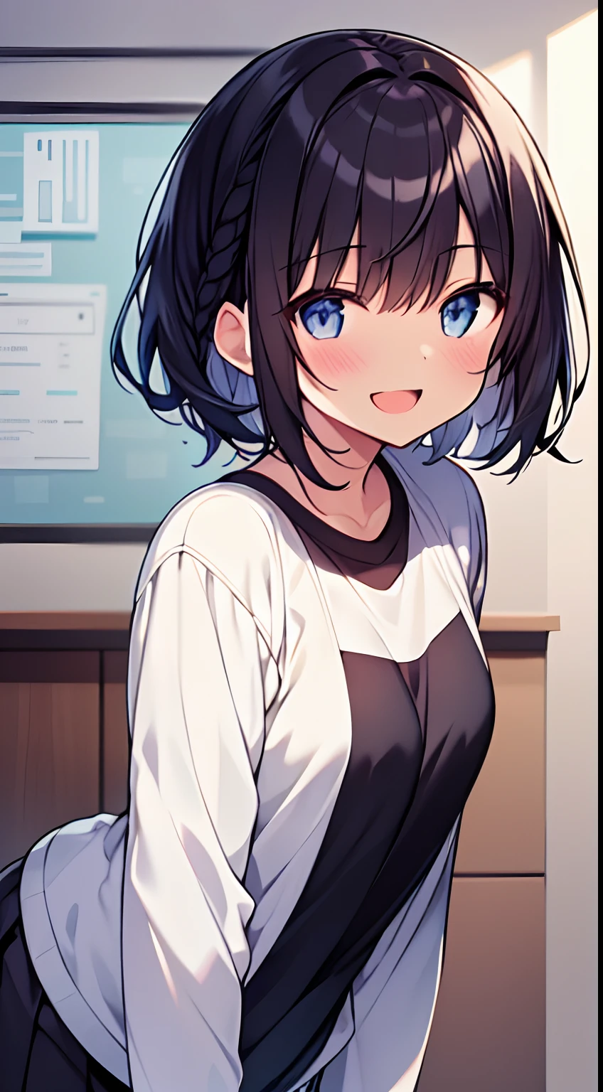 A short girl and black guy, girl wearing a oversized plain pink T-shirt seduces viewer while looking at viewer in the washroom, view from bellow, healthy thighs,
, , (evil smile:1.2), off-shoulder, long sleeve, tan skin, Saucy, blush,
The guy puts his hand on the girl's shoulder,
absurd-resolution, ultra-detailed, best quality, cute illustration,