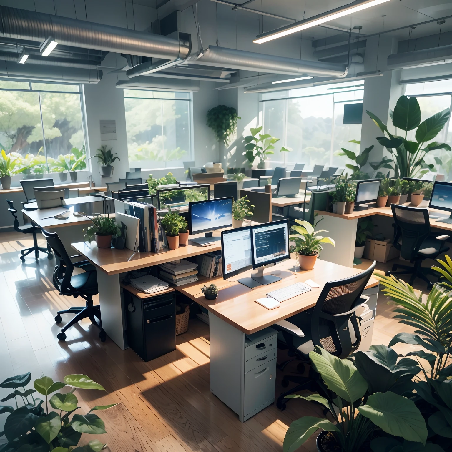 A bustling open-space office designed to harmonize productivity and natural elements. The large room is dotted with several table islands, Each equipped with sleek computers and high-resolution screens, onde as equipes colaboram perfeitamente. Em meio ao burburinho produtivo, An abundance of vibrant flowers and verdant plants are carefully placed, infusing the space with a refreshing touch of nature. Delicate orchids and cascading vines add a touch of color to workstations, while strategically placed aquariums with graceful fish create a sense of tranquility and wonder. Ample natural light floods through the large windows, casting a soft glow over the meticulously arranged tables. Entretanto, Carefully positioned adjustable luminaires ensure an ideal working environment, providing optimal lighting for focused tasks. Esta mistura meticulosamente selecionada de funcionalidade, beleza natural, e tecnologia de ponta cria uma atmosfera inspiradora e revigorante, promover a produtividade e o bem-estar. com o nome Rc.ofertas