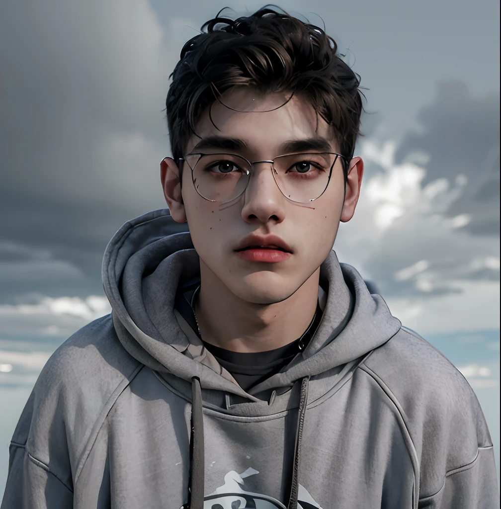 (masterpiece:1.2), (best quality:1.2), hyper realistic,highestres,absurdres,extremely detailed,volumetic,dramatic lighting,(frontal view),
20 year old boy,face,detailed eyes, gray hoodie, black t-shirt, with background ((sky))