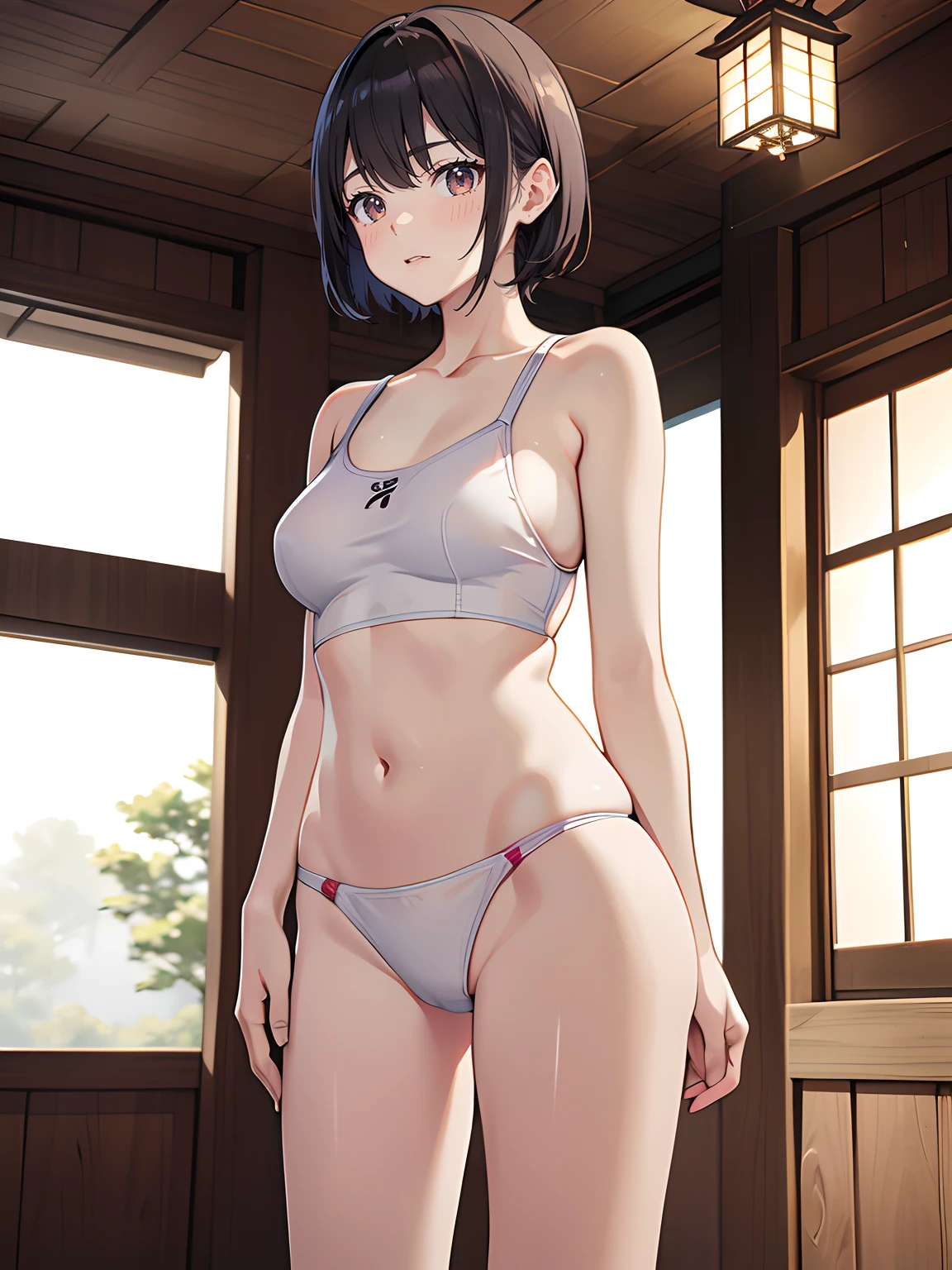((masterpiece)), {Japanese slender beautiful girl}, high resolution, best quality, {masterpiece}, ultra-detailed, {school swim suit}, , wedgie, caustics, detailed, cinematic lighting, white short hair, no blash cheeks, school class room