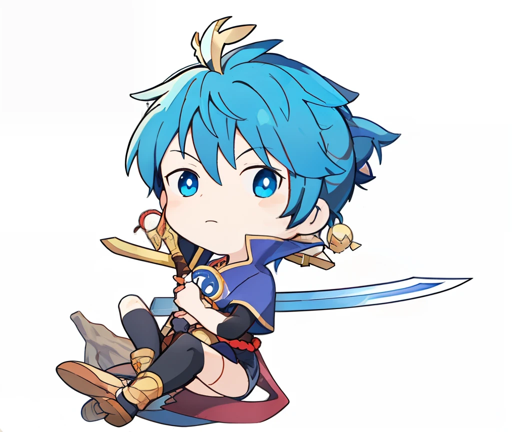 Anime character with blue hair and a sword in his hand, character art of maple story, Keqing from Genshin Impact, Genshin impact's character, tchibi, Genshin, zhongli from genshin impact, hero 2 d fanart artsation, tsuaii, an exhausted deity, resin, holding a pudica pose, MapleStory, Genshin Impact style
