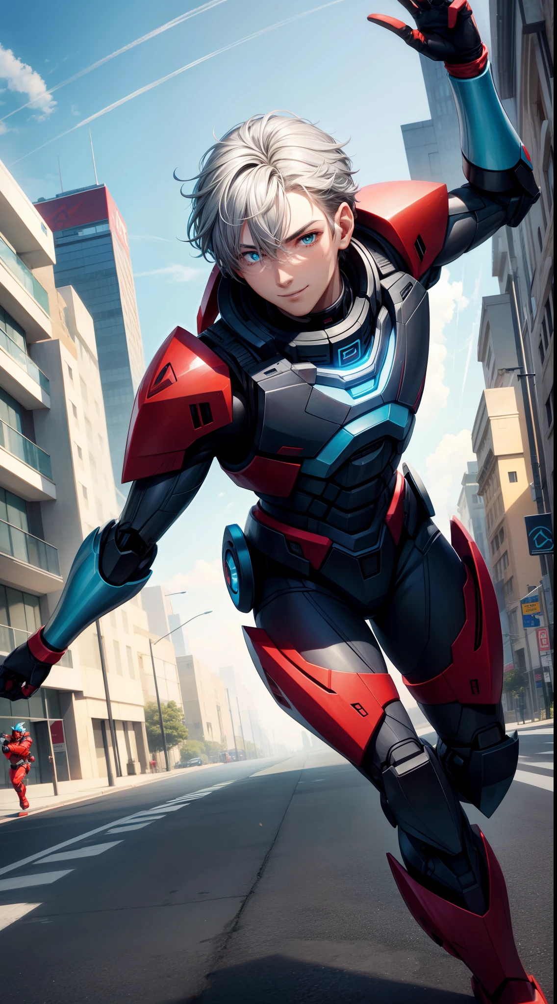 Young guy, short gray hair, Cyan eyes, Autobot's red armor, running, ssmile, Masterpiece, hiquality