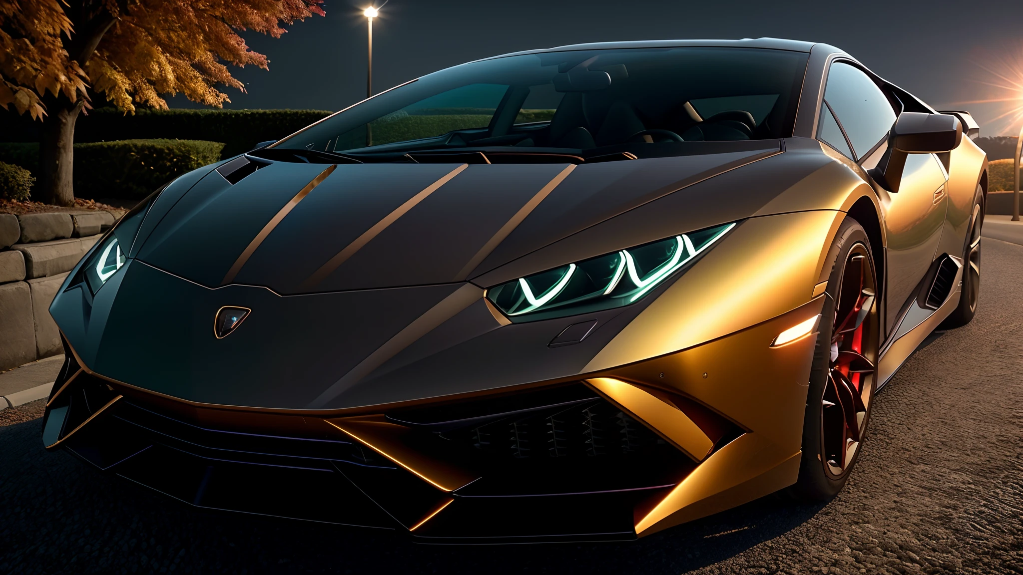 perfect masterpiece photo, very dynamic close shot of CAR:[lamborghini huracan]:1.5  [A car sitting on a glowing, neon-lit road that seems to stretch on forever.] in place of A coastal lighthouse with stunning views of the ocean in the moment of Autumn: Golden leaves falling from trees, creating a colorful carpet on the ground. The crisp air carries the scent of wood smoke from fireplaces, and the low sun casts long shadows across the landscape. cinematic lighting of A dark and shadowy alleyway illuminated by a flickering streetlamp., 8K, HQ, Highly detailed, ultra realistic, hyper-realistic with dominance of Taupe: A warm, grayish-brown color that is sophisticated and refined. photo is made with Sigma 50mm f/1.4 DG HSM Art - fast aperture prime lens for low light and shallow depth of field by greg rutkowski,  strange, intricate, showing details, sharpen image
