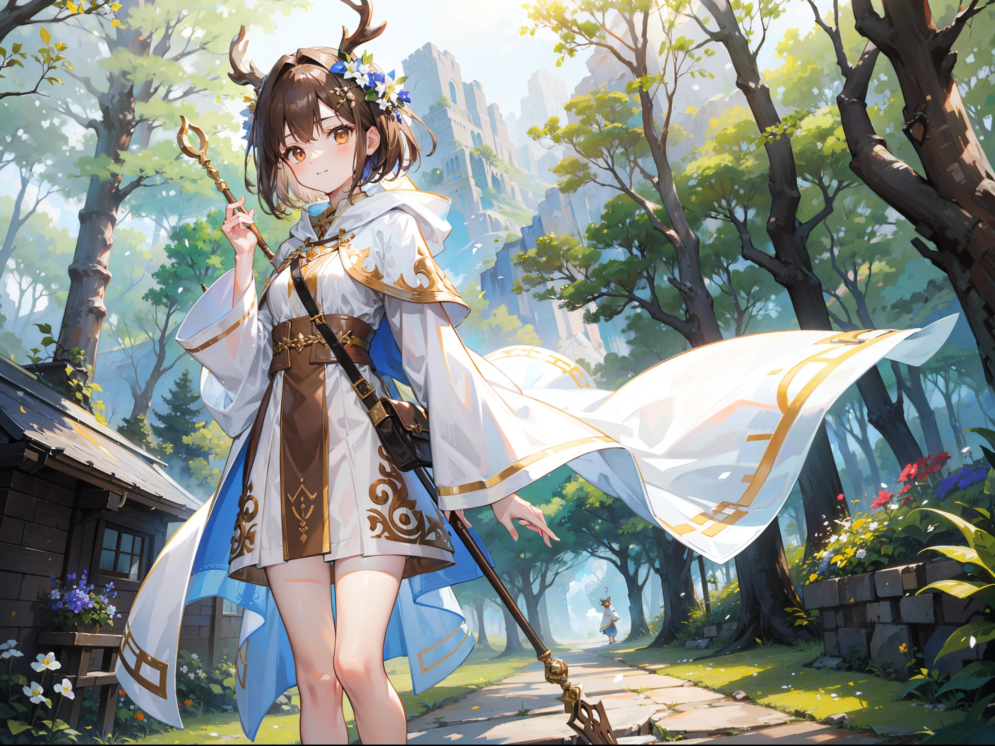 Beautiful girl with brown hair,Wear a white hooded tunic,Brown cape,Bare legged,Wear a circle of flowers and plants on your head,short detailed hair,Wear white hairpins,Standing among the sunny mountains and forests,With a bright and healing smile,Reach for the camera,Brown high-heeled sandals,Ruddy complexion,Deer antlers on the head,Brown staff in hand,Point the staff at the camera