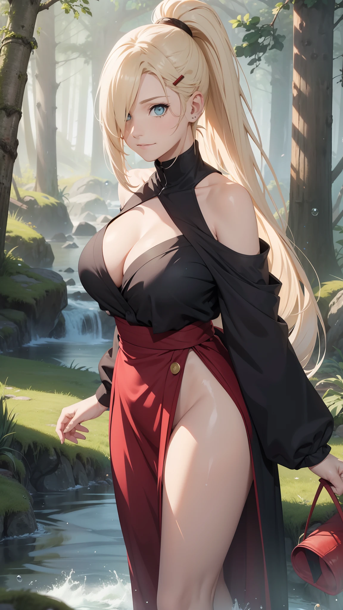 "the Extremely Detailed CG Unity 8K Wallpapers，tmasterpiece，Best picture quality，【😊Colored Forest，depth of fields，Lots of splashing droplets:1.2，petals，Toys surround，ventania，Foliage，grassy fields，volumettic light】blond hairbl，Be red in the face，ssmile，Half of your body is in water，naruto，Ino，Off-the-shoulder attire，bangs cover one eye，fat，looks into camera