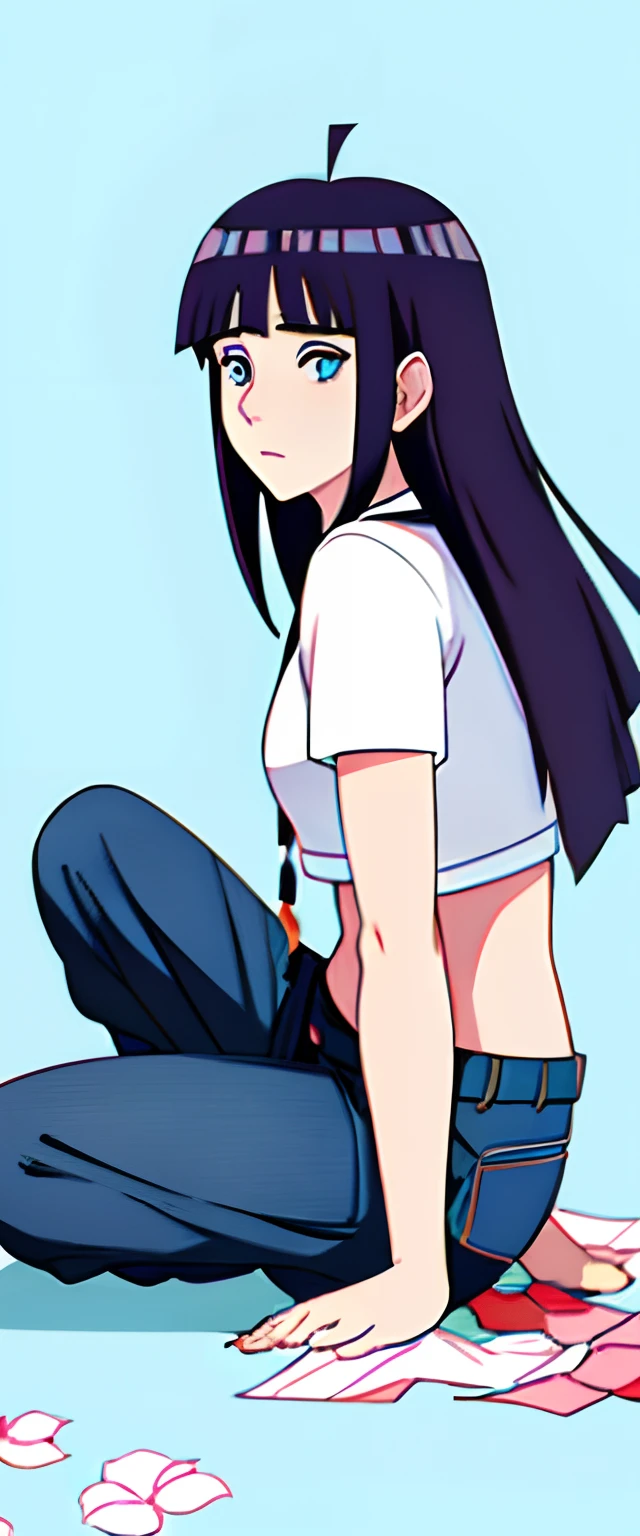 a cartoon of a girl sitting on the ground, hinata hyuga, hinata hyuga from naruto, sakura petals around her, her expression is solemn, blunt bangs, blue eyes, looking down, crop top, pants, coloured images, long hair