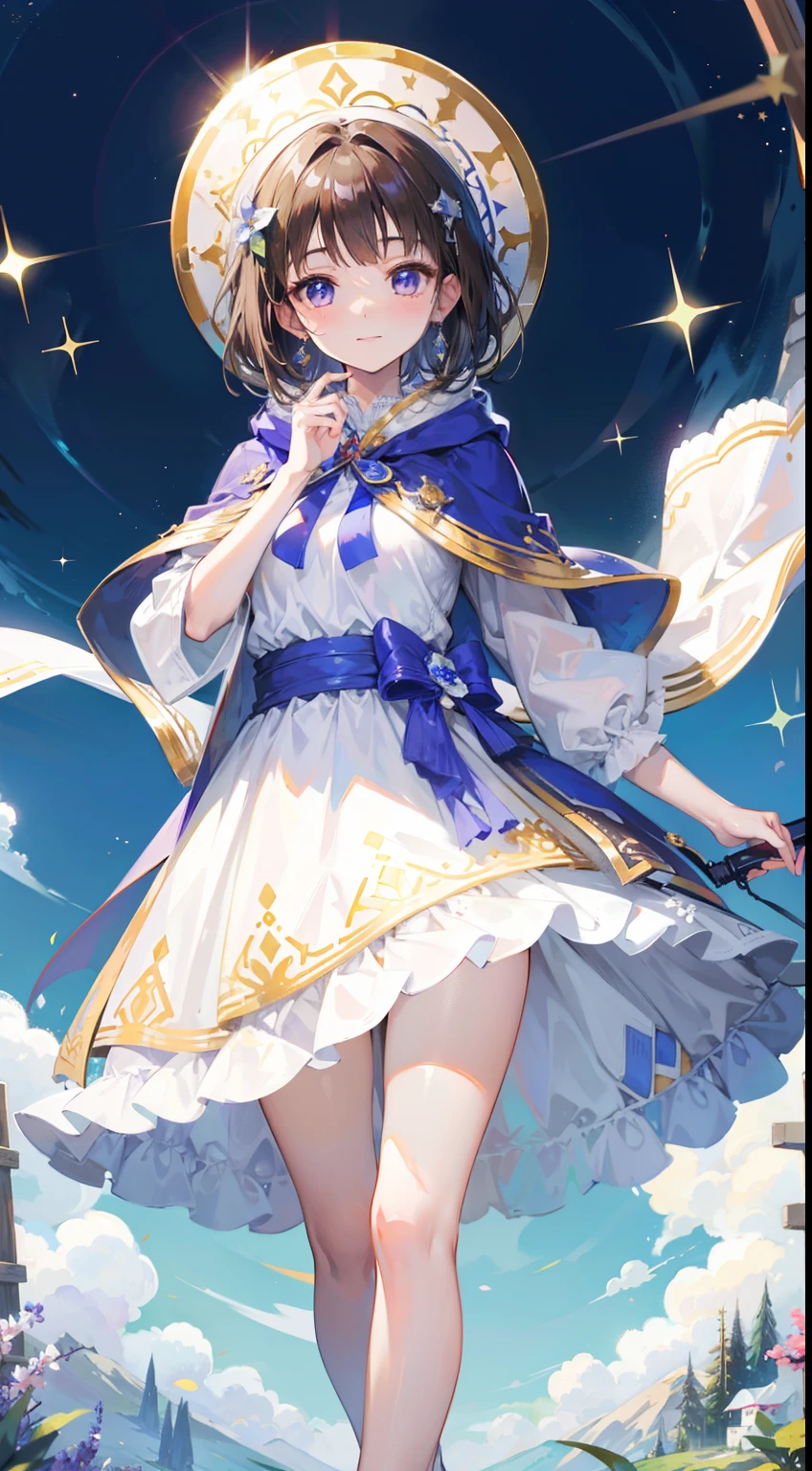 Brunette beauty，Wear a white hooded tunic，Brown cape， legged，Wear a circle of flowers and plants on your head，Short brunette hair，Wear white hairpins，Standing among the sunny mountains and forests，With a bright and healing smile，Reach for the camera，Blue-purple high heels，Ruddy complexion，one eye wink，Wear a large bow on your head，Best quality at best，tmasterpiece