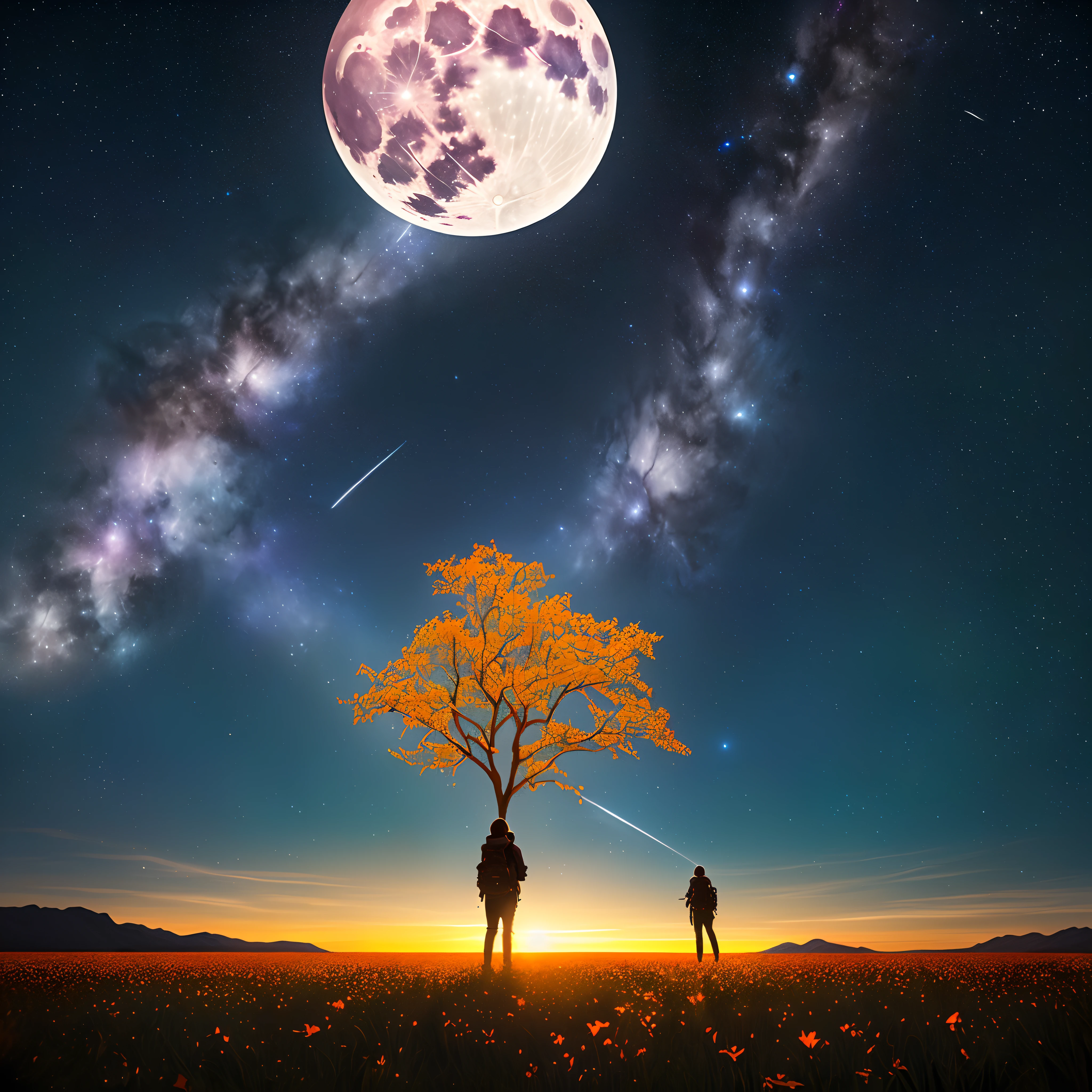 expansive landscape photograph , (a view from below that shows sky above and open field below), a girl standing on flower field looking up, (full moon:1.2), ( shooting stars:0.9), (nebula:1.3), distant mountain, tree BREAK
production art, (warm light source:1.2), (Firefly:1.2), lamp, lot of purple and orange, intricate details, volumetric lighting, realism BREAK
(masterpiece:1.2), (best quality), 4k, ultra-detailed, (dynamic composition:1.4), highly detailed, colorful details,( iridescent colors:1.2), (glowing lighting, atmospheric lighting), dreamy, magical, (solo:1.2)