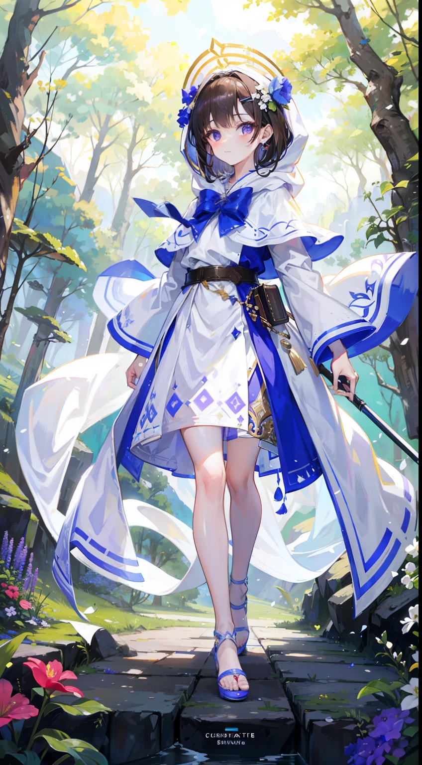 Brunette beauty,Wear a white hooded tunic,Brown cape,Bare legged,Wear a circle of flowers and plants on your head,Short brunette hair,Wear white hairpins,Standing among the sunny mountains and forests,With a bright and healing smile,Reach for the camera,Blue-purple high heels,Ruddy complexion,one eye wink,Wear a large bow on your head,Best quality at best,tmasterpiece