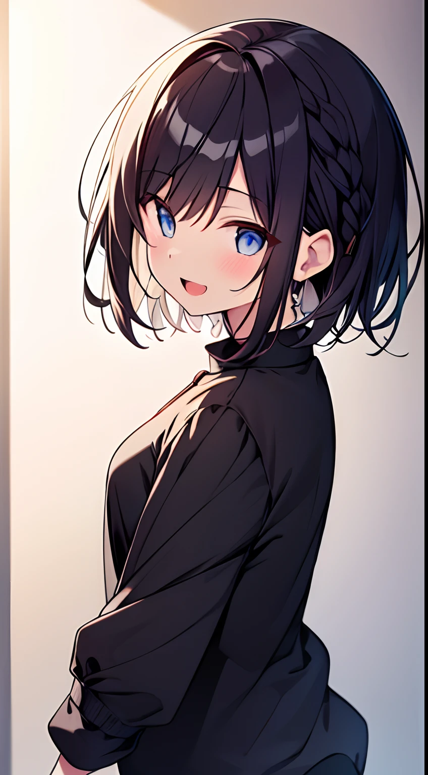 masutepiece, Best Quality,Illustration, Wallpaper, Ultra Detail, 1girl in,Solo,Beautiful detailed eyes,Very thick contour lines、Medium Short-Cut Hair、Short, Braided hair、(student clothes)、Dark hair color、Open mouth and big smile、Kamimei、Angle from which you can see the whole body、Overlooking angle:1.2、small head、ample breasts