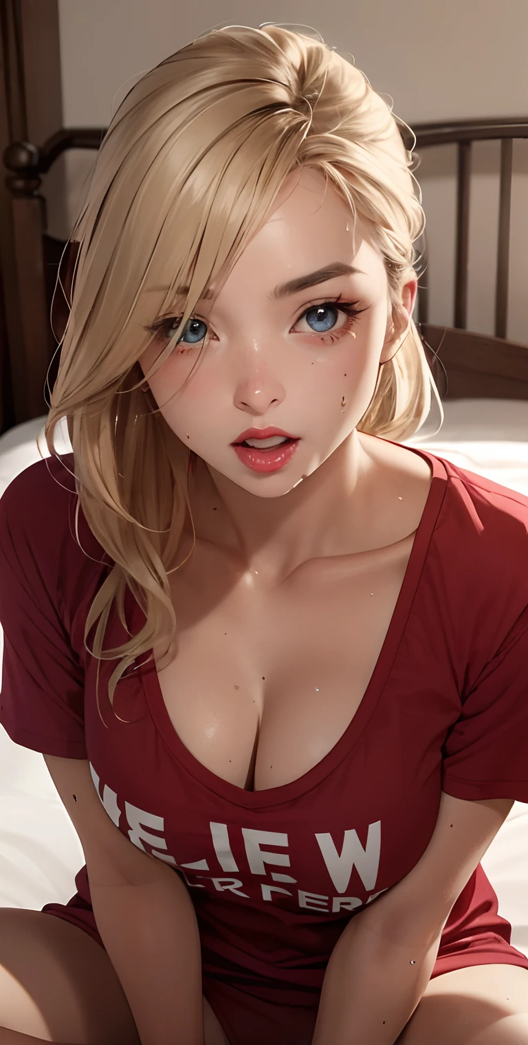 realisticlying、45-year-old girl、Wearing a red T-shirt,Face enhancement,Chest super large zoom,Cleavage emphasis,Looking up from the bottom,Hair blonde,Blue eyes、Blushing,Red lips,A sexy,Bed sit,Open your mouth wide to the maximum、Put your arms around the back of your head、Wearing underwear,Wrinkles between the eyebrows,Sweaty face