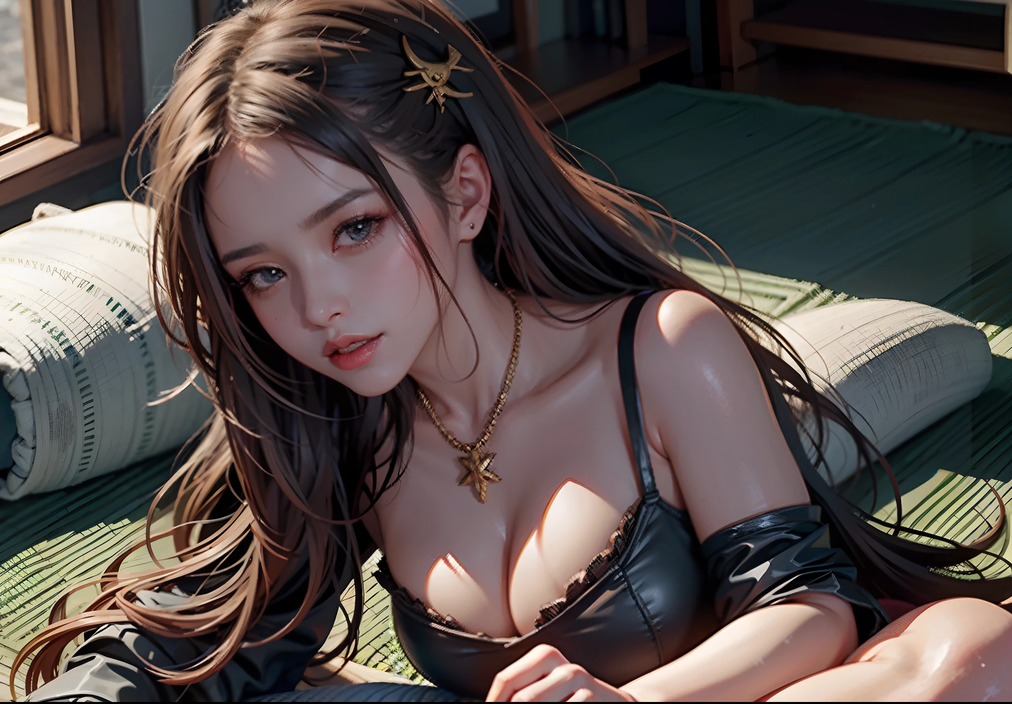 cave, Lying on the floor, Shinobi, samurai sexy, Saia Curta, camisa aberta, expondo dedo de camelo, Ecchi tiro calcinha, seios grandes, Ecchi, hentai, octan render, ray tracing, hiper-realismo, realismo de anime em alta no Pixiv, Corpo Perfeito, rosto perfeito, Impeccable, master part, kawaii, sexy alien girl, fofo, perfect thick lips, quadris largos, meias altas no joelho, sorrindo sedutoramente, perfect arms, perfect hands, perfect fingers, pernas perfeitas, seios perfeitos, cabelo perfeito, nariz perfeito, Dedo de camelo perfeito, clivagem perfeita, massive cleavage, Corar, maquiagem harajuku, Olhando para o Viewer, correntes em seus pulsos, Algemado, acorrentado, Preso, prisioneiro Waifu, colarinho de escravo, Waifu slave pet, fetiche BDSM escravo