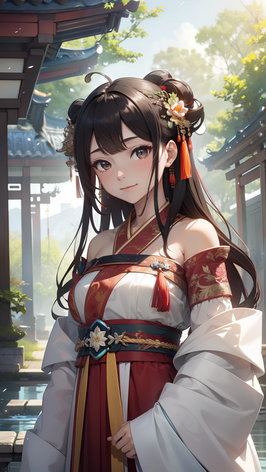 "the Extremely Detailed CG Unity 8K Wallpapers,tmasterpiece,Best picture quality,【😊Colored Forest,depth of fields,A large number of splashed droplets:1.2,petals,Toys surround,ventania,Foliage,grassy fields,volumettic light】brunette color hair,chineseidol,Be red in the face,Hanfu,ssmile,Half of your body is in water,Chinese style Hanfu,Off-the-shoulder attire,Air bangs,