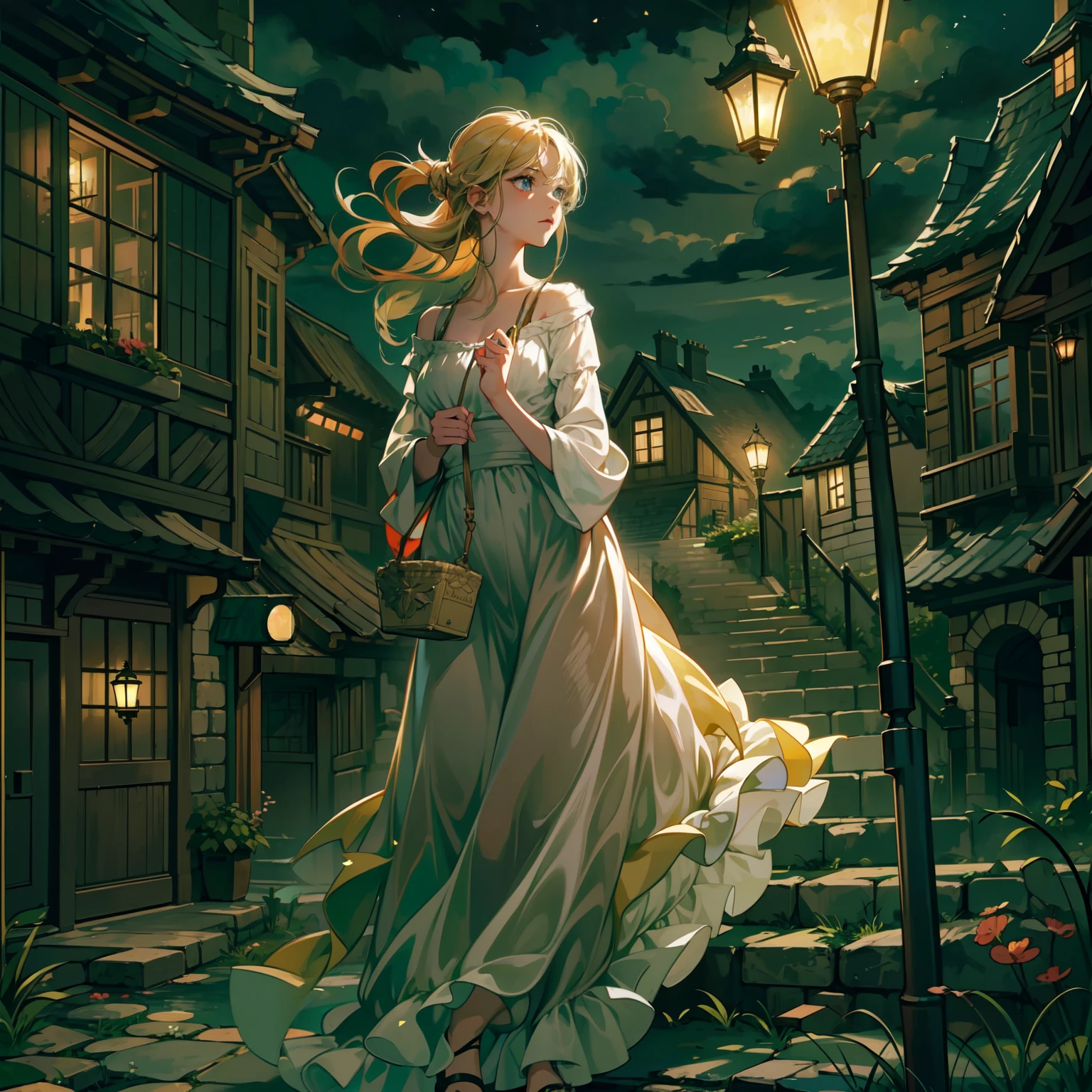 Tips:Slightly old medieval European cities bathed in moonlight,The silence reveals something strange,A mature girl in a long white dress stands under a dim street lamp,Dark night,Sporadic lights of several homes in the distance,The girl's panicked steps,This is the embodiment of her deep feelings,A profound golden charm appeared in her hand,Obscure incantations came out of her mouth,Dark clouds roll in the sky,Weird appearance。 The illustration has a strong anime color、Romantic overtones,The picture is HD,A high resolution,best qualtiy,offcial art,Fantasticism,Medieval European architectural elements stand out。