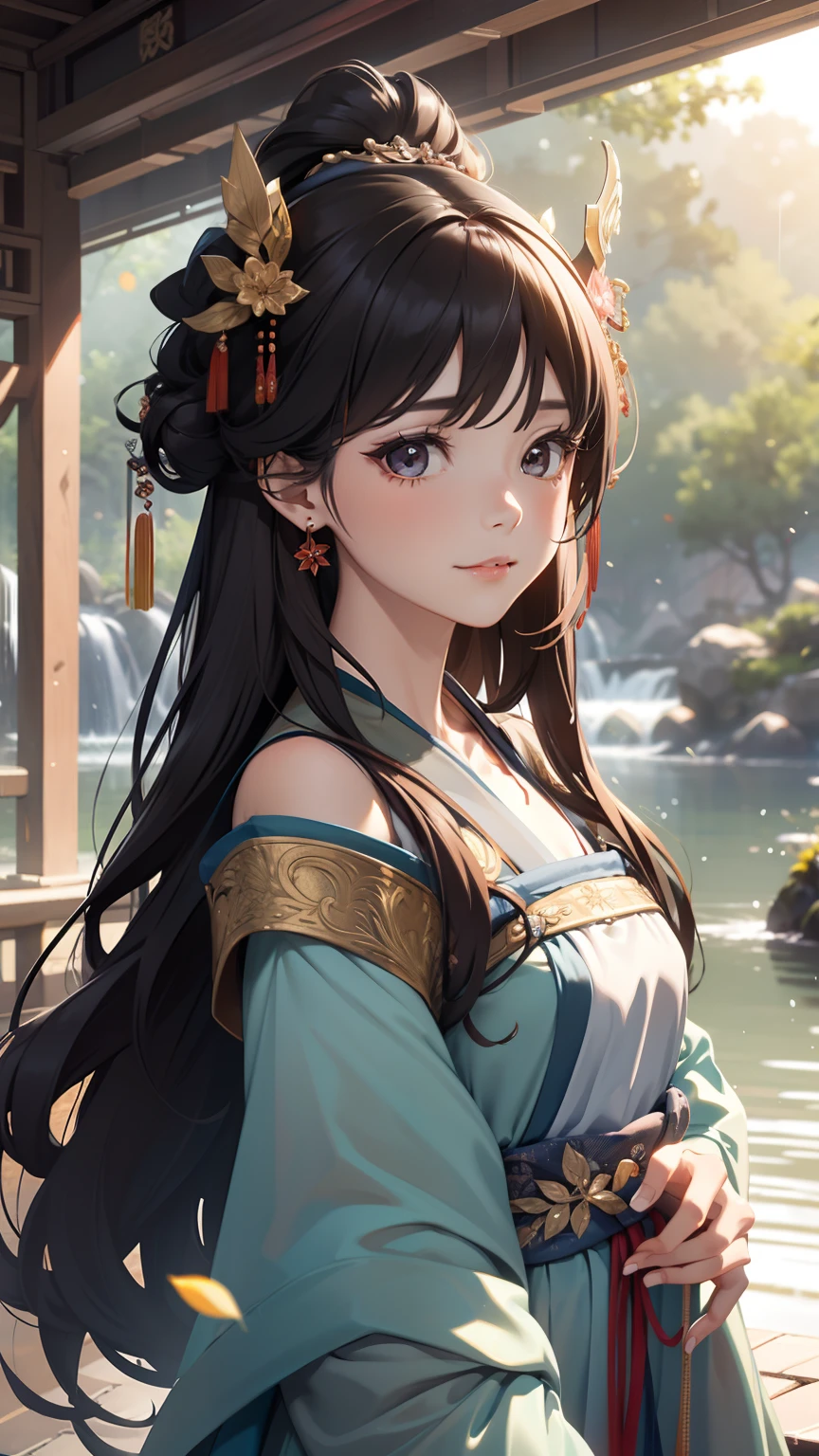 {{masterpiece, best quality, Extremely detailed CG, Unity 8K wallpaper, Movie Lighting}}, Traditional Chinese ink painting, 1 Girl, whole body, Ancient buildings, Blue sky, sunny, Wooden construction, Prominent protagonist, Smile, big eyes, Beautiful and delicate eyes, (Large Breasts, cleveage), Round butt, Looking at the audience, Long eyelashes,Naked,