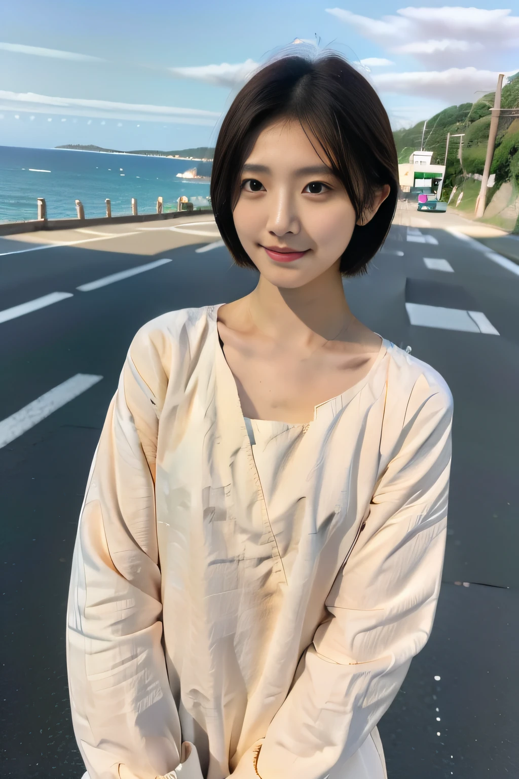 Japanese beauty,tear-mole,short detailed hair,with fair skin,rosto magro,Small ears,realisticlying,photorealestic,Loose school uniform,鎖骨,hyper HD,Skin texture,ssmile,Roads by the sea,Blue sea,White cloud sky,The road is tidy,Lighthouse in the distance,Realisticstyle