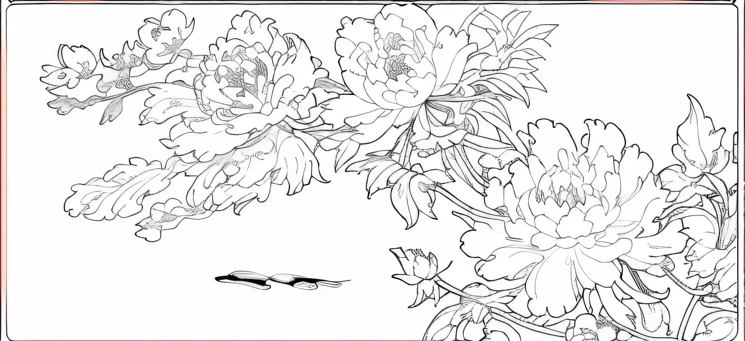 A picture of a plant with flowers and leaves, Peonies, Coloring book outline, Chinese painting style, Many peonies, black on white line art, black ink line art, Chinese ink painting, Line - Art, peony flower, highly detailed linework, black and white line art, flowers with intricate detail, extremely fine ink lineart, black ink outline