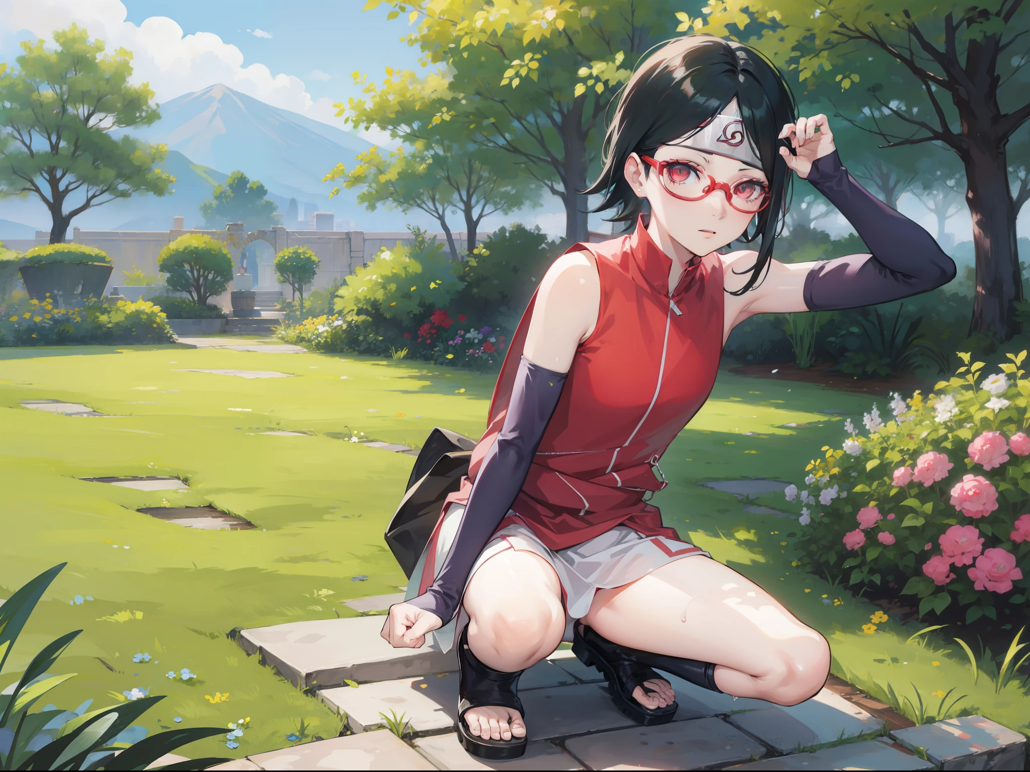 Sarada uchiha, armpit, , glasses, garden, wet pussy