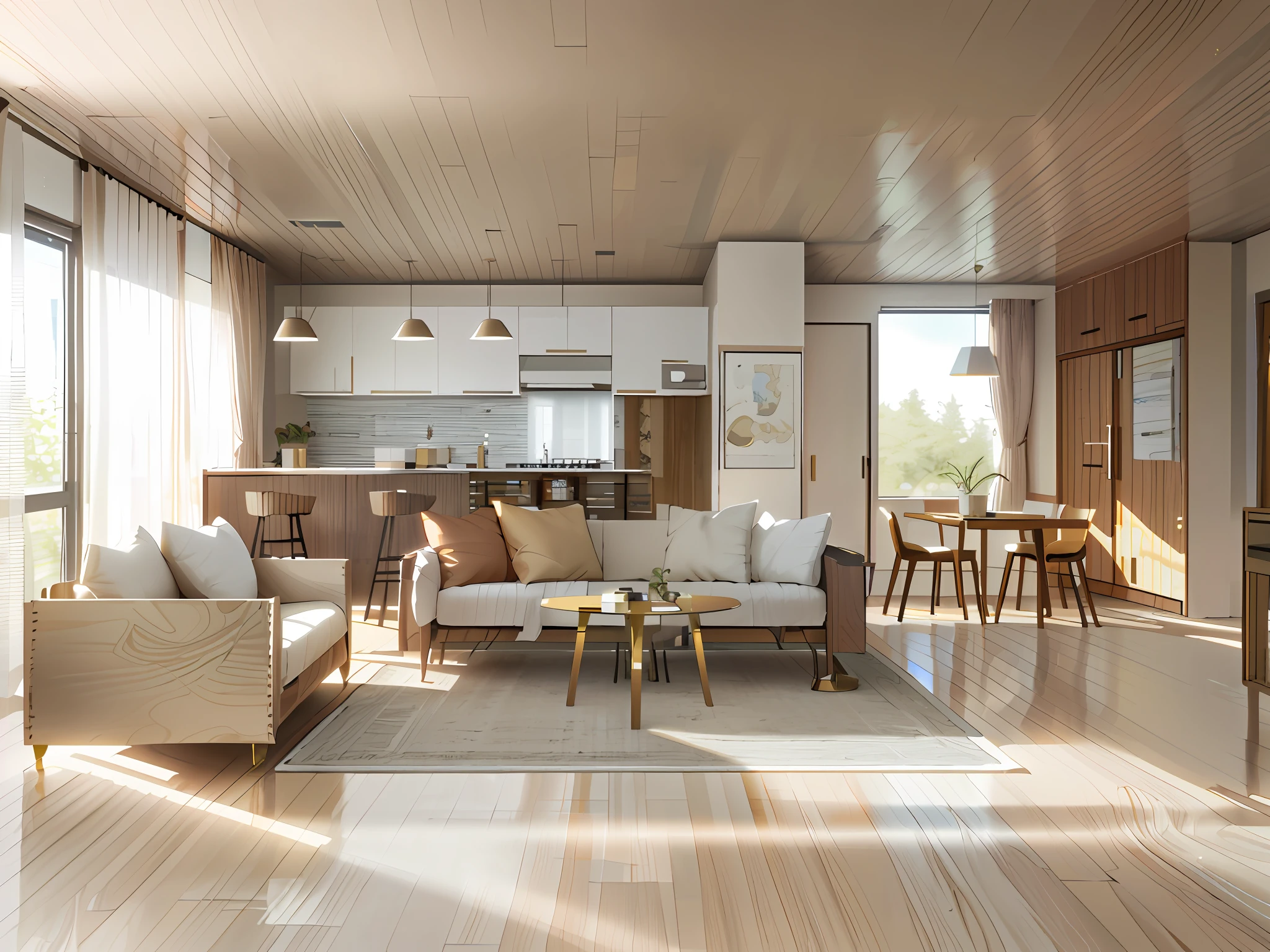 There was a room,There is a table and a chair inside, On the sofa sits a sexy beauty,Set off in bright metallic gold, gold and luxury materials, rendered in enscape, render vray, apartment design, stuning 3 d render, Render in Vray, wooden walls brass panels, excellent 3d render, in style of 3d render, highly photographic render, professional 3d render