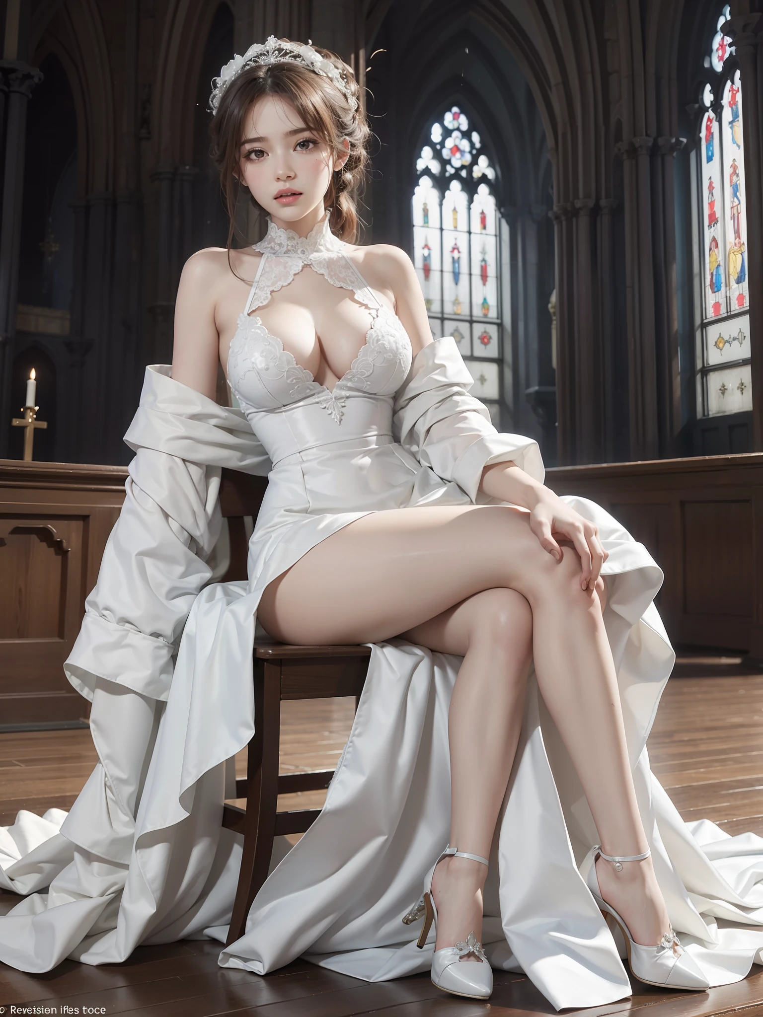 ((best qualtiy)), ((tmasterpiece)), (A detailed), white wedding gown,Leaky big breasts,Leaky thighs,stand posture,1girll,scene from church