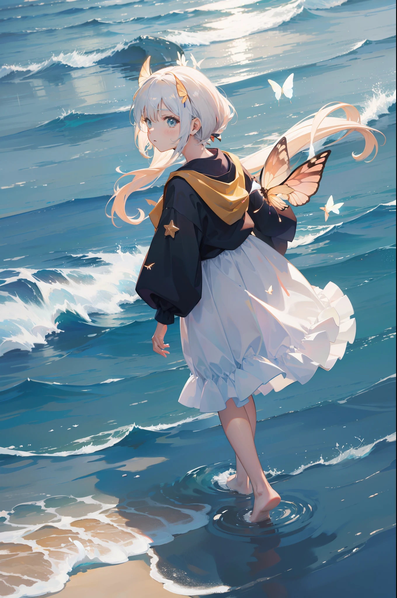 beachside,swell sea,glowworm,As estrelas,glowing butterflies,Hayao Miyazaki anime style