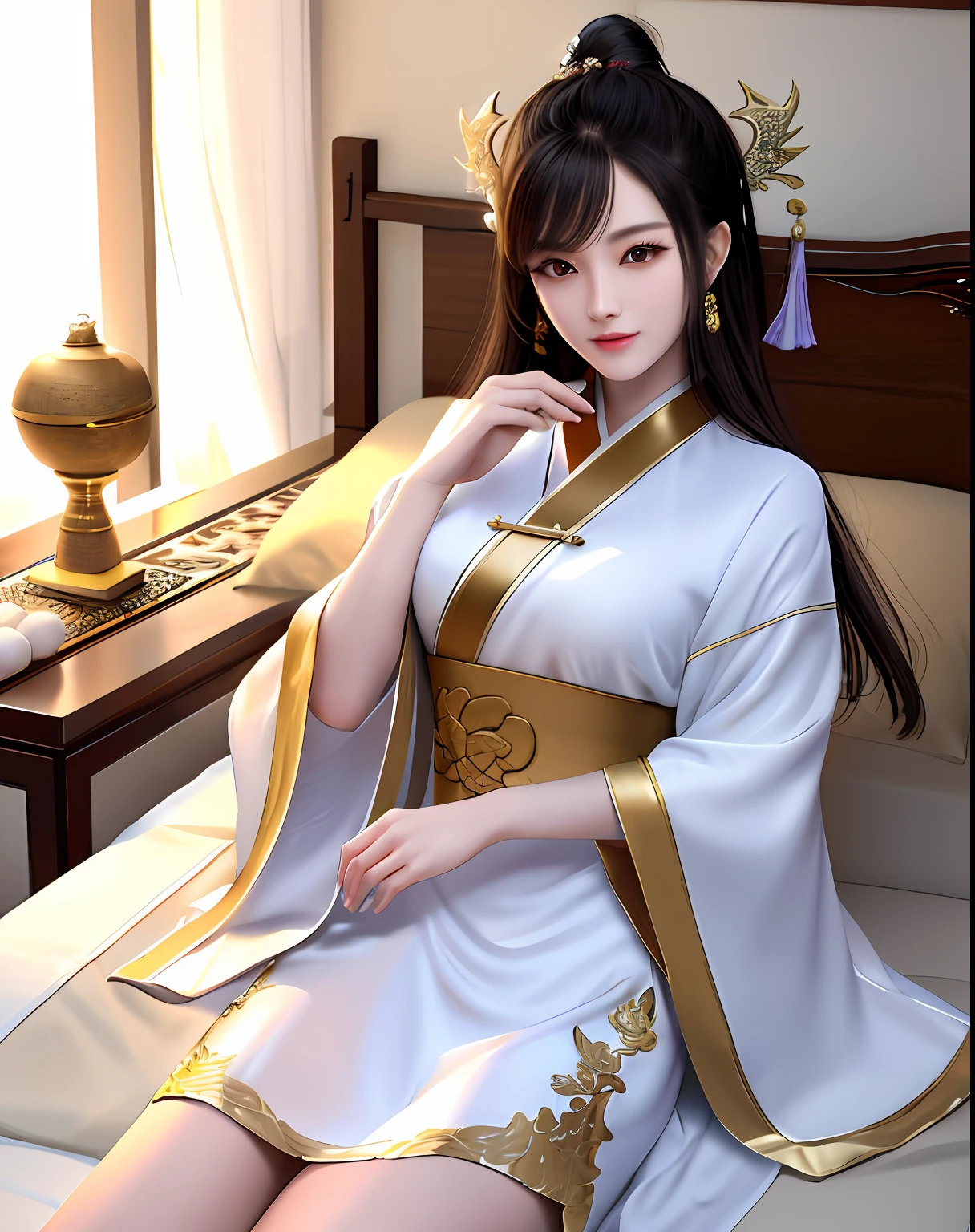 Best quality, Masterpiece, A high resolution, 1girll,Beautiful face,Chinese clothes,White Taoist robes,Lie on your side on the bed in the room，One hand propped up on the bed，In the other hand holds a bronzed wine gourd，The face was slightly drunk，looking at viewert，Sparkle in warm light