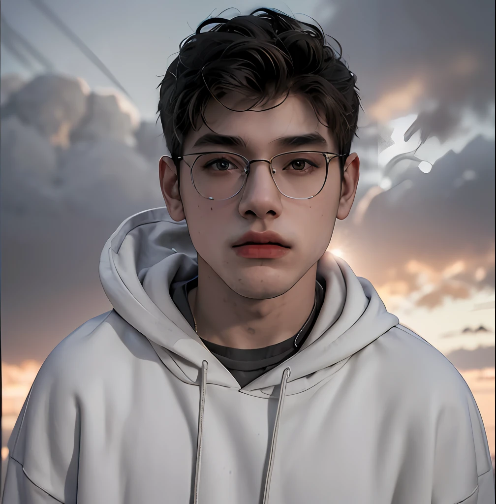 (masterpiece:1.2), (best quality:1.2), hyper realistic,highestres,absurdres,extremely detailed,volumetic,dramatic lighting,(frontal view),
20 year old boy,face,detailed eyes, gray hoodie, black t-shirt, with background ((sky))