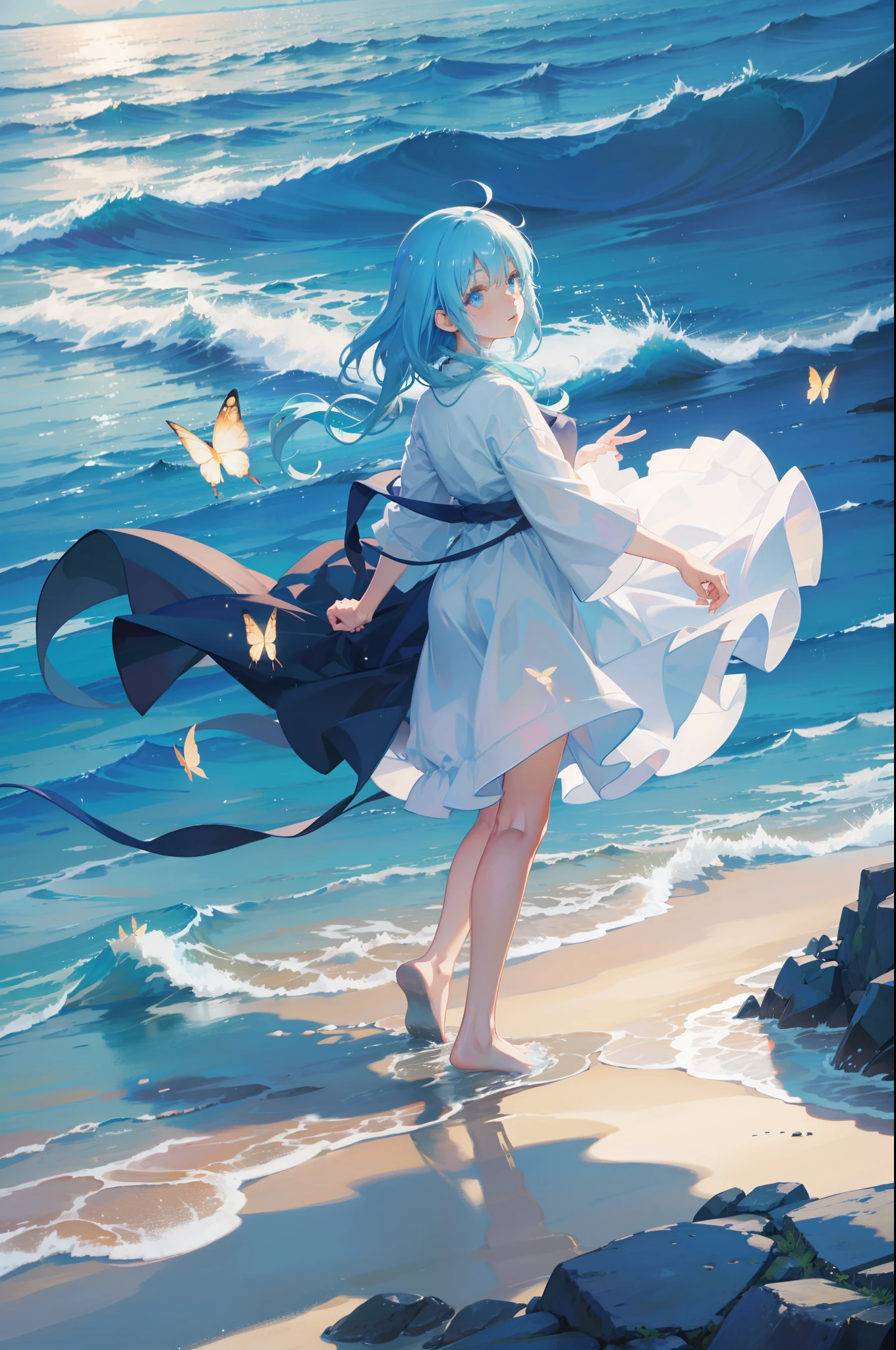beachside,swell sea,glowworm,As estrelas,glowing butterflies,Hayao Miyazaki anime style