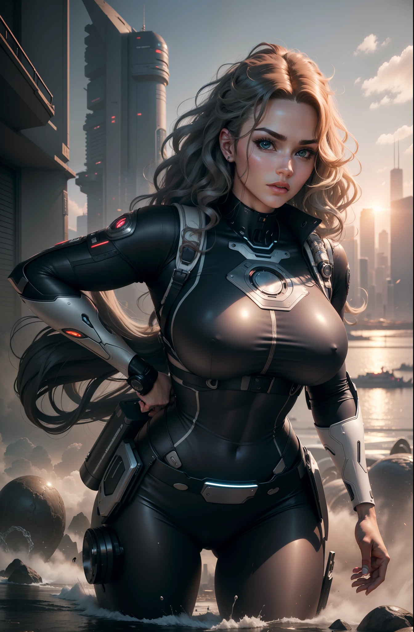 ultra realistic 8k cg, (futuristic:, perfect artwork, masterpiece, futuristic city, futuristic era, mechanic, fantasy), 30yo muscular cyborg,amazing stunningly beautiful, looking at camera, wavy shiny hair, soft curves, large buttocks, full lips, cybernetic body, perfect body, round brests, shibari, 3d, ultra realistic, sun