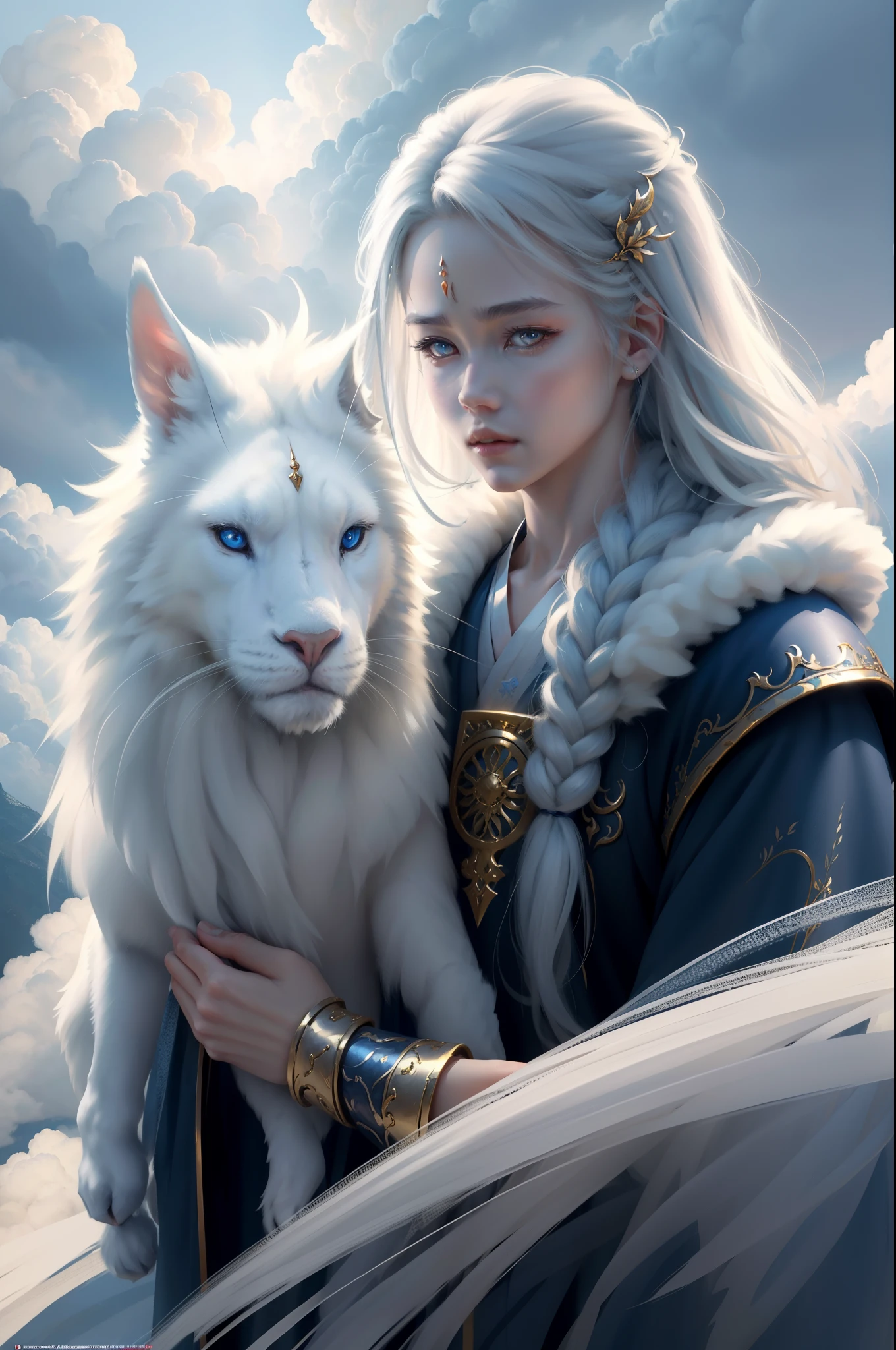 perfect detail,illustratio,High resolution 8K,(fantasy:1.3),The whole body of the character,long white hair,Wear Hanfu,Shine brightly,In the clouds,Beautiful background,Companionship with mythical beast pets,Holding a precious sword,Beautiful face,Cold eyes。
