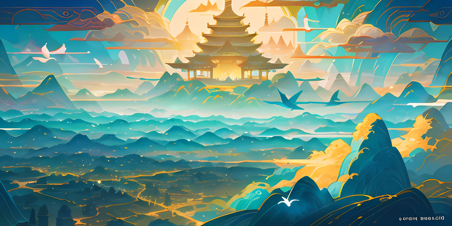an image of an asian landscape with mountains and birds in the air, in the style of fantastical otherworldly visions, light cyan and gold, intricately mapped worlds, hyperrealistic illustrations, romanticized cityscapes, detailed character illustrations, organic shapes and curved lines, --v6