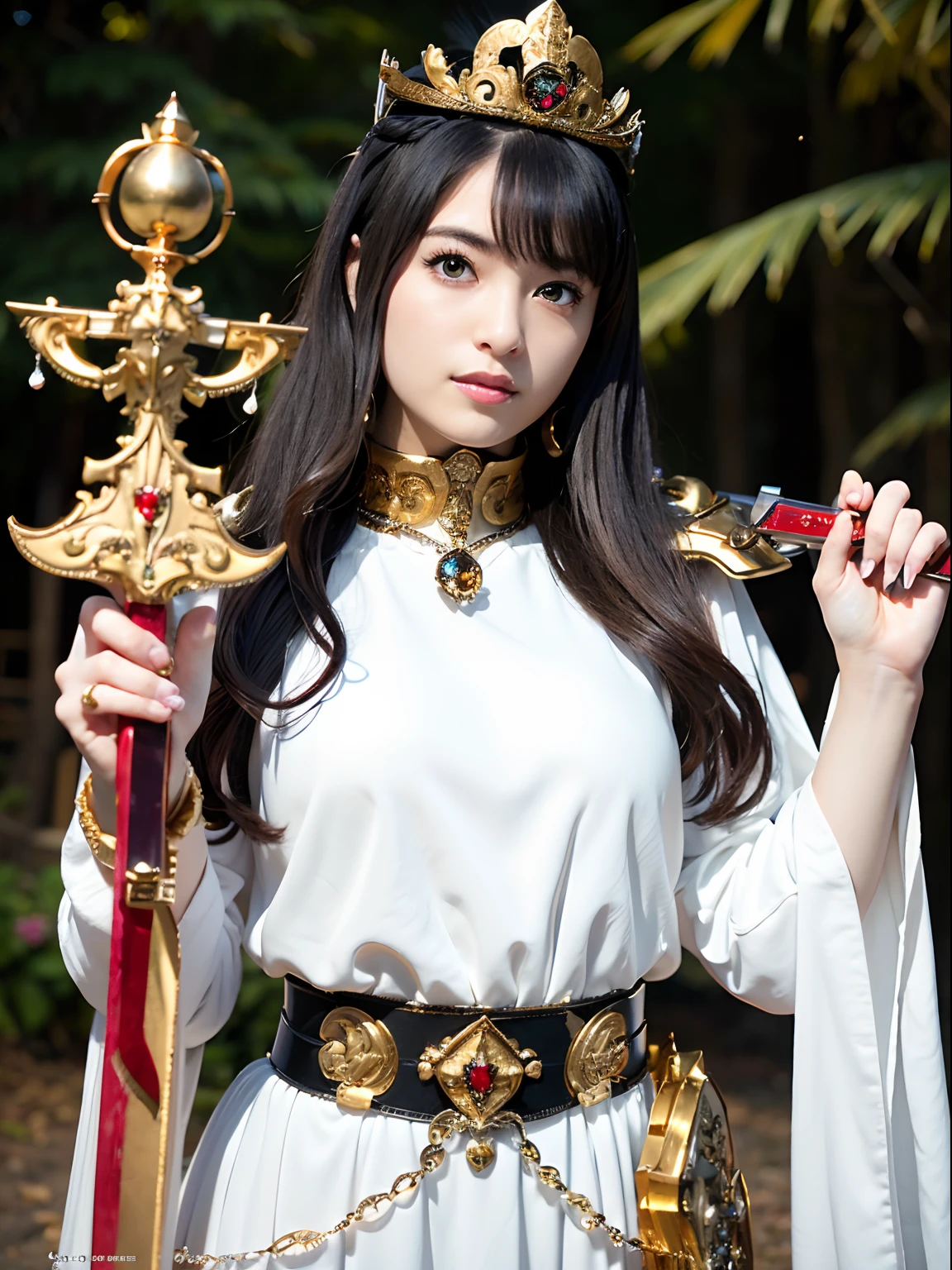 (masutepiece), Professional , ​masterpiece、top-quality、photos realistic , depth of fields （Gemstone Silver Metal Body:1.９),(Matte White、Jewel Gold Weapon（Jewel Metal Body:1.４),Gorgeous metal weapons , Detailed Sword of the Brave , Beautiful knife   ,warhammer 40k , adepta sororitas,Detail and ornate jewel crown、Black hair、Gangle's forest background、Beautiful Caucasian beauty、１a person、dynamic ungle,(((Detailed and ornate diamond crown)))、Smaller head、A smile、Take a sexy pose、Background inside the castle、Thin and beautiful female hands、Soldiers in Iron Armor、Soldiers in Iron Armor、