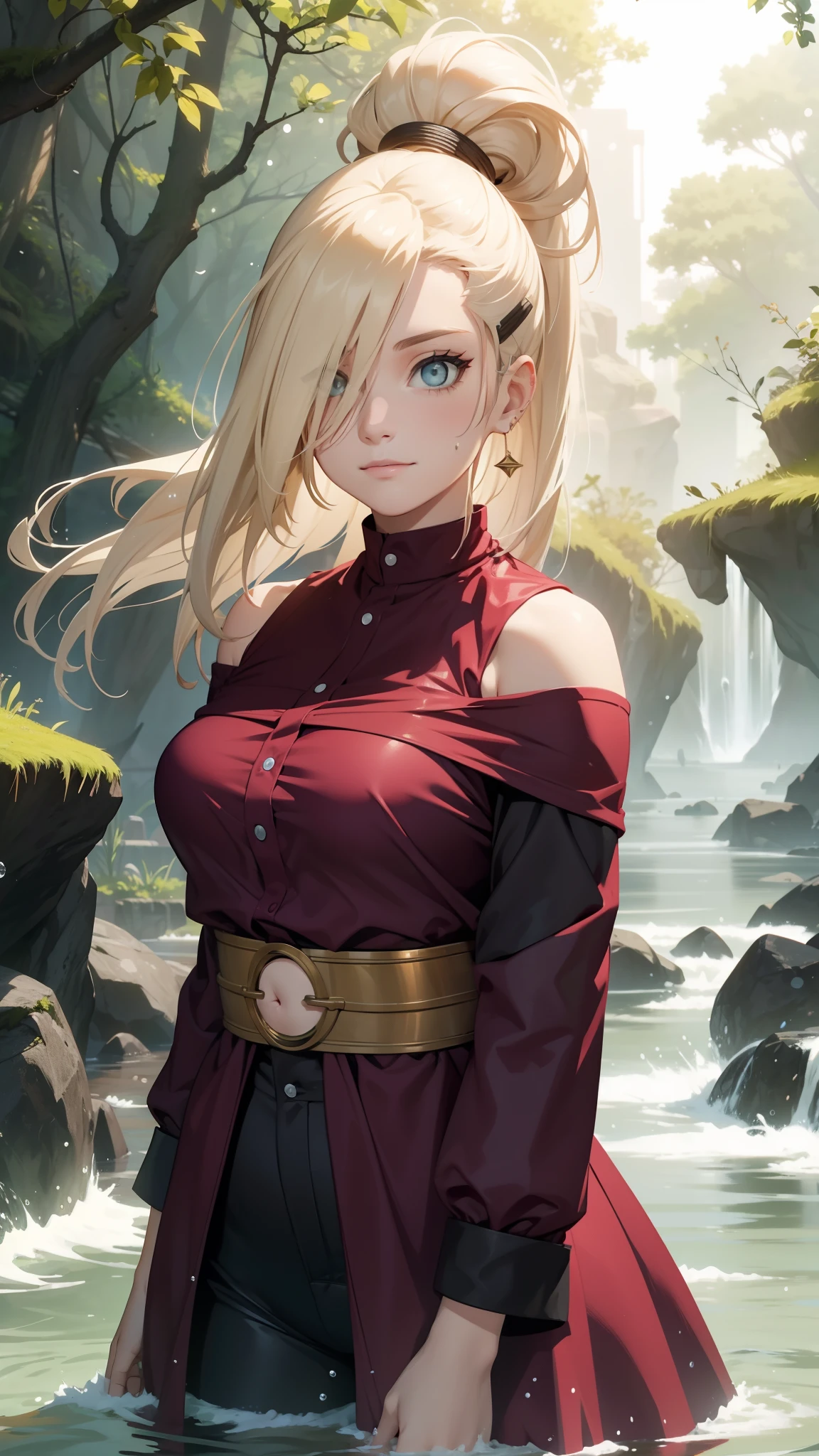 "the Extremely Detailed CG Unity 8K Wallpapers,tmasterpiece,Best picture quality,【😊Colored Forest,depth of fields,Lots of splashing droplets:1.2,petals,Toys surround,ventania,Foliage,grassy fields,volumettic light】blond hairbl,Be red in the face,ssmile,Half of your body is in water,naruto,Ino,Off-the-shoulder attire,bangs cover one eye,fat,looks into camera