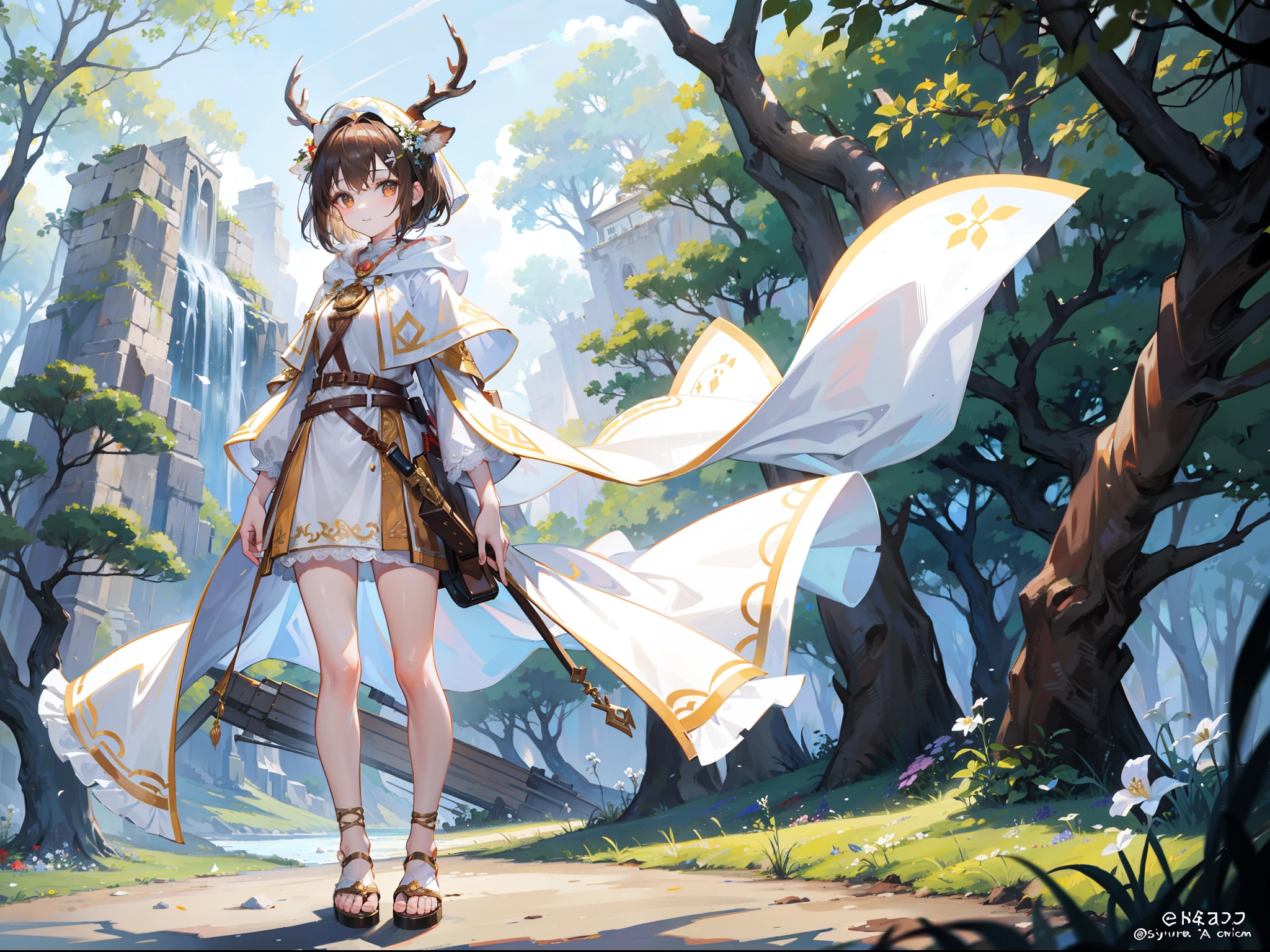 Beautiful girl with brown hair，Wear a white hooded tunic，Brown cape，Bare legged，Wear a circle of flowers and plants on your head，short detailed hair，Wear white hairpins，Standing among the sunny mountains and forests，With a bright and healing smile，Reach for the camera，Brown high-heeled sandals，Wear brown ankle rings on the ankles，Ruddy complexion，Deer antlers on the head，Brown staff in hand