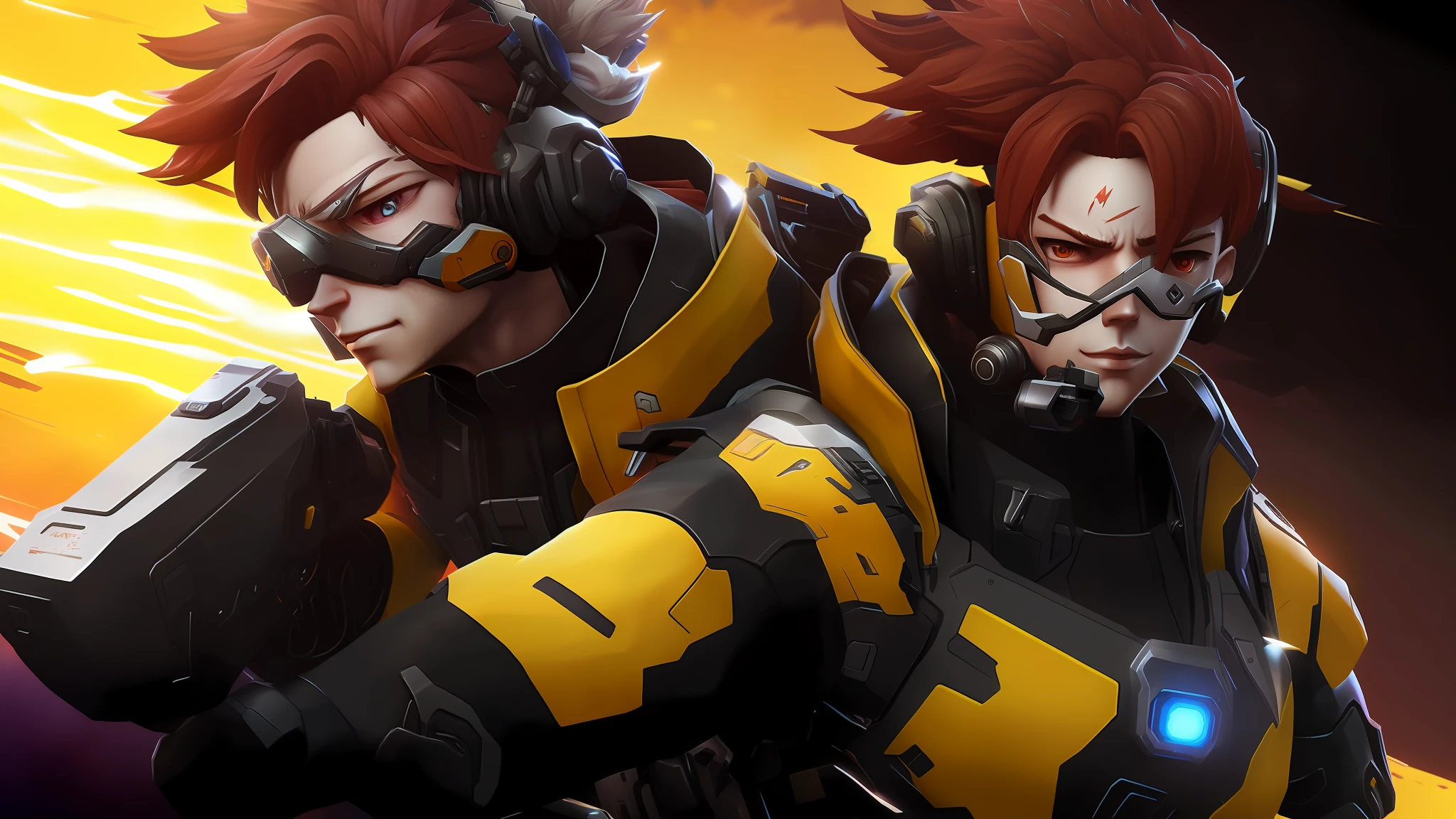 Close-up of a man with a gun on a poster, from overwatch, Game CG, trending on cgstation, as an overwatch character, tracer game character, overwatch style, 《Intrepid Covenant》Game style, 🕹️ 😎 🔫 🤖 🚬, valorant style, Brave character, in style of apex legends, Overwatch, yellow battlefield theme