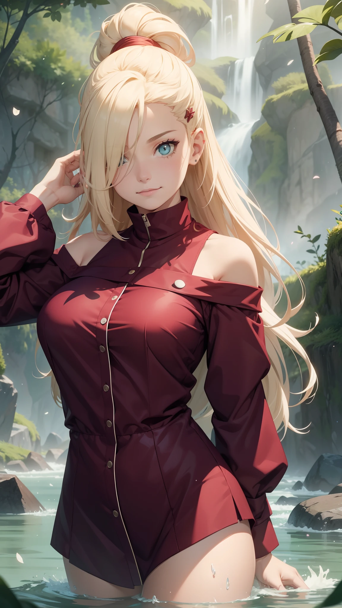 "the Extremely Detailed CG Unity 8K Wallpapers,tmasterpiece,Best picture quality,【😊Colored Forest,depth of fields,Lots of splashing droplets:1.2,petals,Toys surround,ventania,Foliage,grassy fields,volumettic light】blond hairbl,Be red in the face,ssmile,Half of your body is in water,naruto,Ino,Off-the-shoulder attire,bangs cover one eye,fat,looks into camera