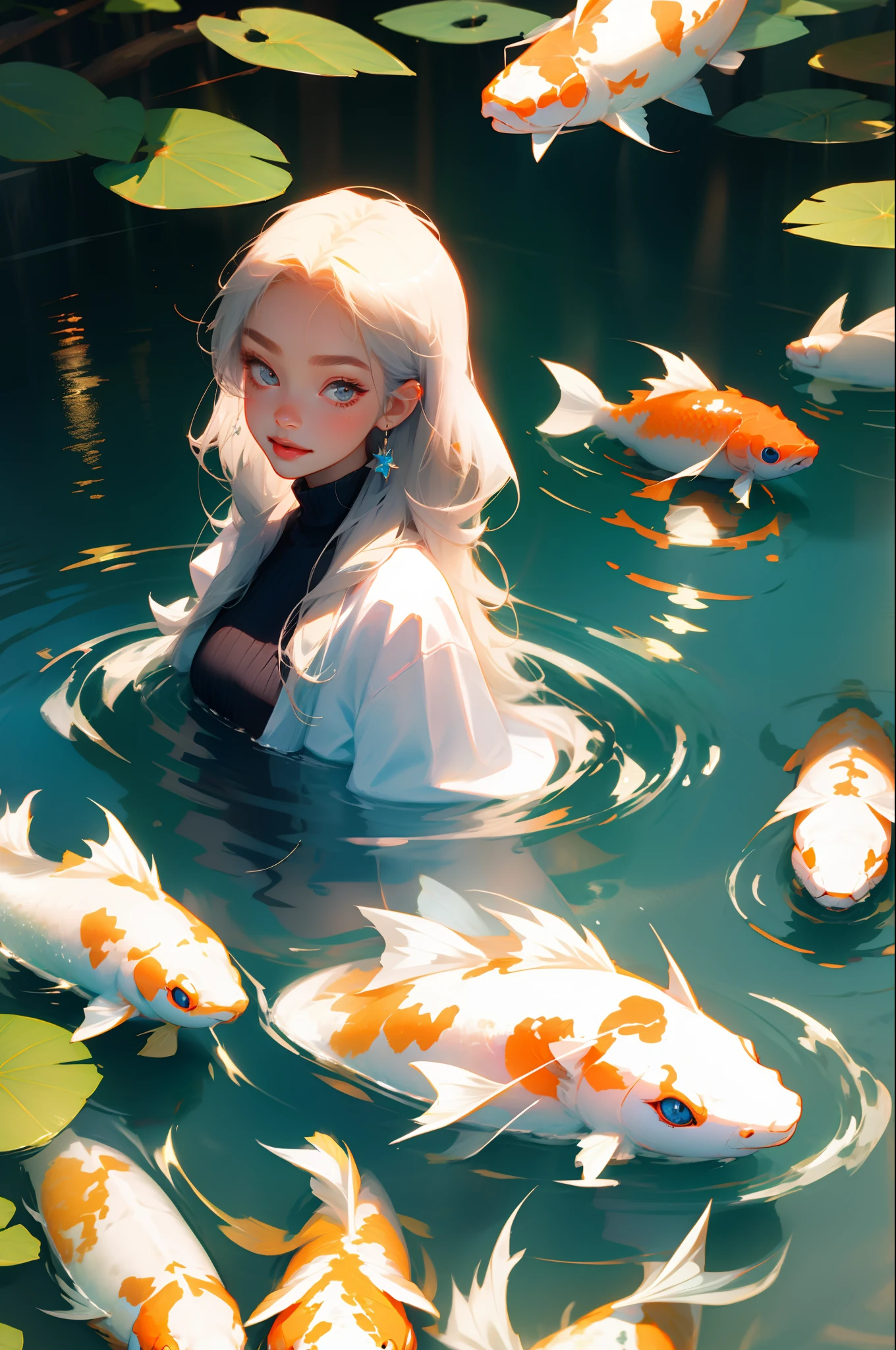 1 girl，Long grey hair，lightsmile，adolable，stares at the camera，Koi，water magic，8K，high quarity，tmasterpiece