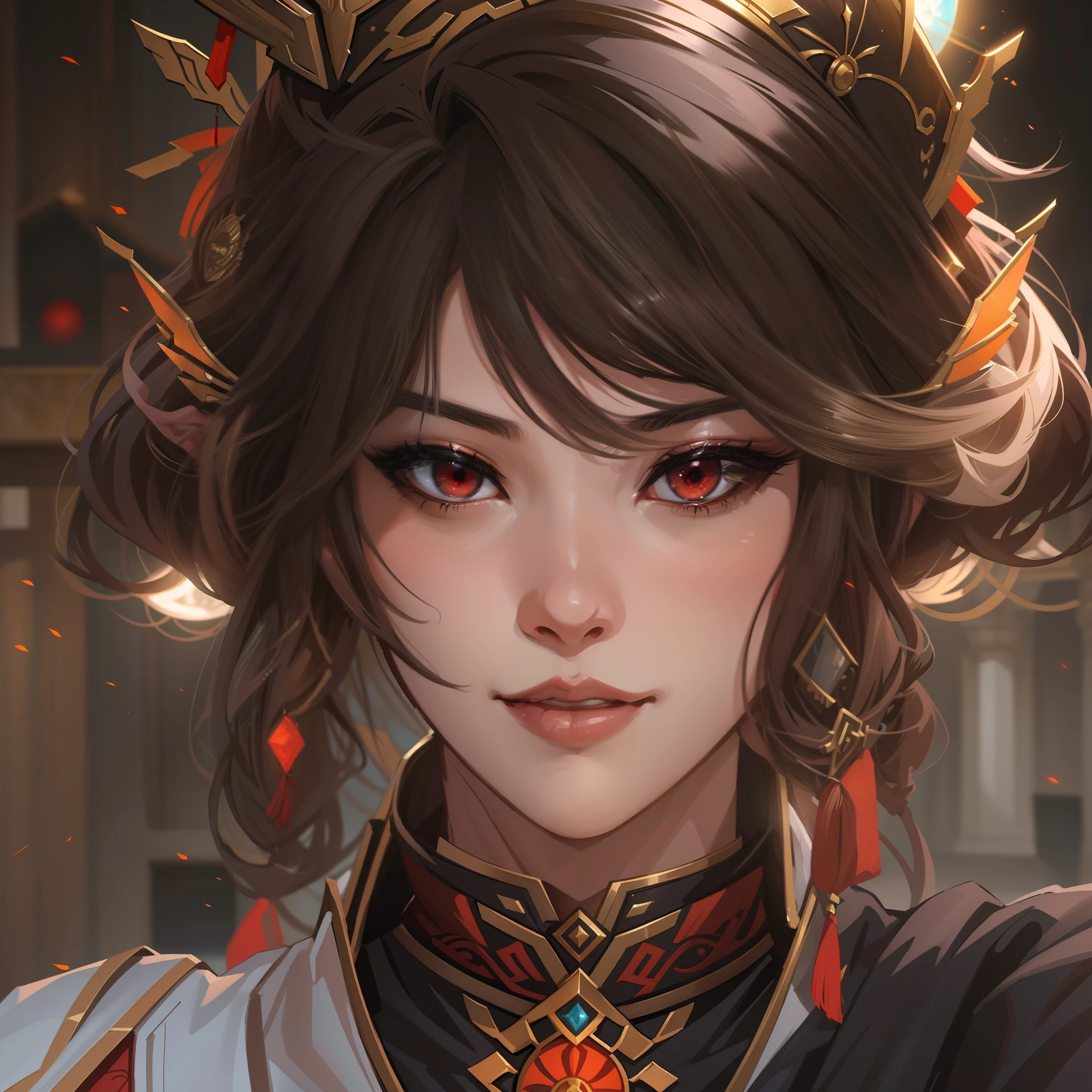 a close up of a strong amazon woman in her 30's, with red eyes and brown hair, wearing a black and red lingerie, a heroine with red eyes, female mage with sun power, middle-eastern princess, standing in a middle-eastern temple, new costume concept design, in the style of blade and soul, full body character concept, detailed character design, inspired by Yang Jin, inspired by Li Mei-Shu, chinese costume, inspired by Lan Ying, inspired by Sim Sa-Jeong, inspired by Li Tang, lunar themed attire, costume with orange accents, inspired by Ju Lian, colored concept art, highly detailed character design, highly detailed face, inspired by Ai Xuan, very highly detailed face, unreal engine render, final fantasy 14 style, inspired by Leng Mei
