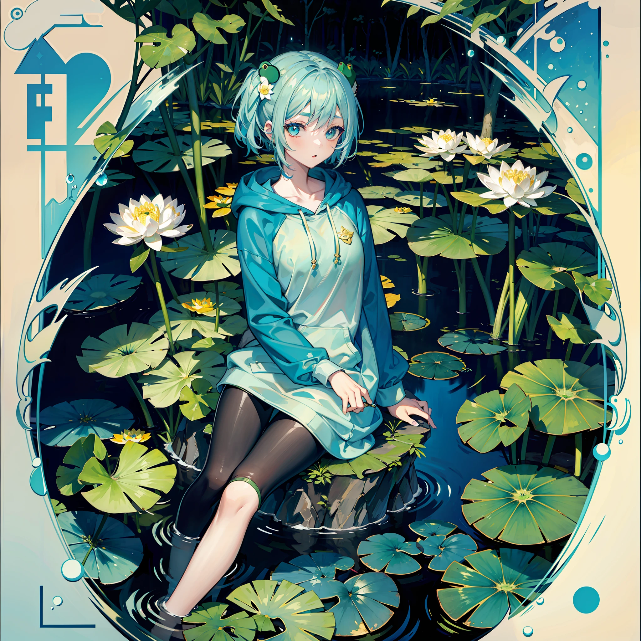 Woman with short light blue hair sitting by pond、drooping eyebrows、big eye、Dark eyelashes、Blue-based makeup、Green Frog Ears Hoodie、（Background with＝Lotus leaf and frog floating in pond）、（highestdetailed）、（Top image quality）、（独奏:1.3）、（Maximum gloss）、（Best Shadows）