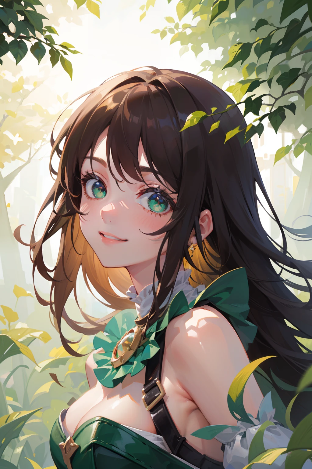 (masterpiece), (best quality), ultra high res, sharp focus, ((1 woman, solo)), (green acid shade tone), fantasy theme, upper body, dutch shot, beautiful detailed hair, chestnut brown hair, long hair tumbles down, ((beautiful shape eyes, green shade eyes)), beautiful detailed face, perfect feminine face, comfortable face, look at the viewer, smiles