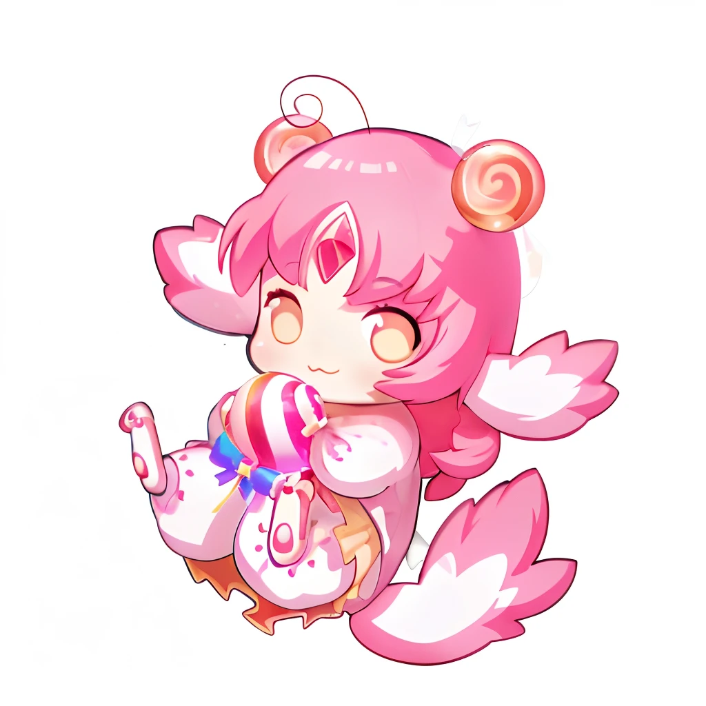 A cartoon girl with pink hair and pink dress holding candy cane, tchibi, Loli, author:Master of Han Chinese, madoka kaname, shirabii, maplestory mouse, humanoid pink female squid girl, inspired by Kanbun Master, pink twintail hair and cyan eyes, magical girl, 2 d, 2D, Kawaii chibi