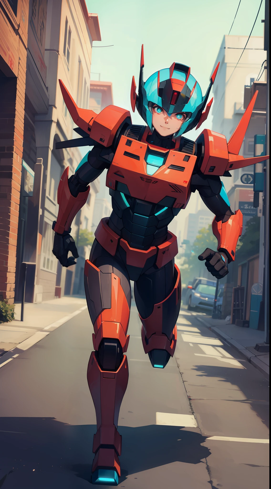Young guy, short gray hair, Cyan eyes, Autobot's red armor, running, ssmile, Masterpiece, hiquality