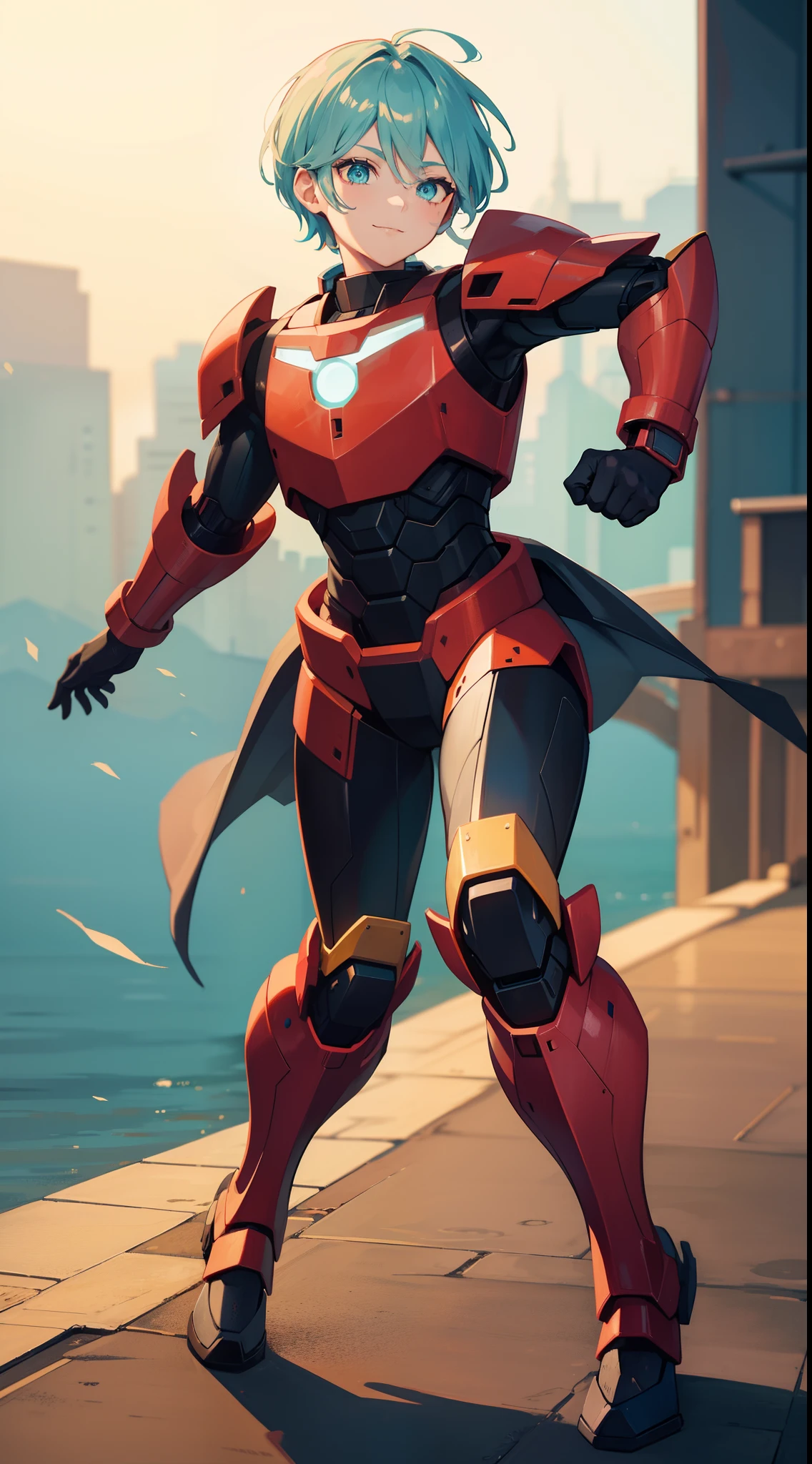 Young guy, short gray hair, Cyan eyes, Autobot's red armor, running, ssmile, Masterpiece, hiquality