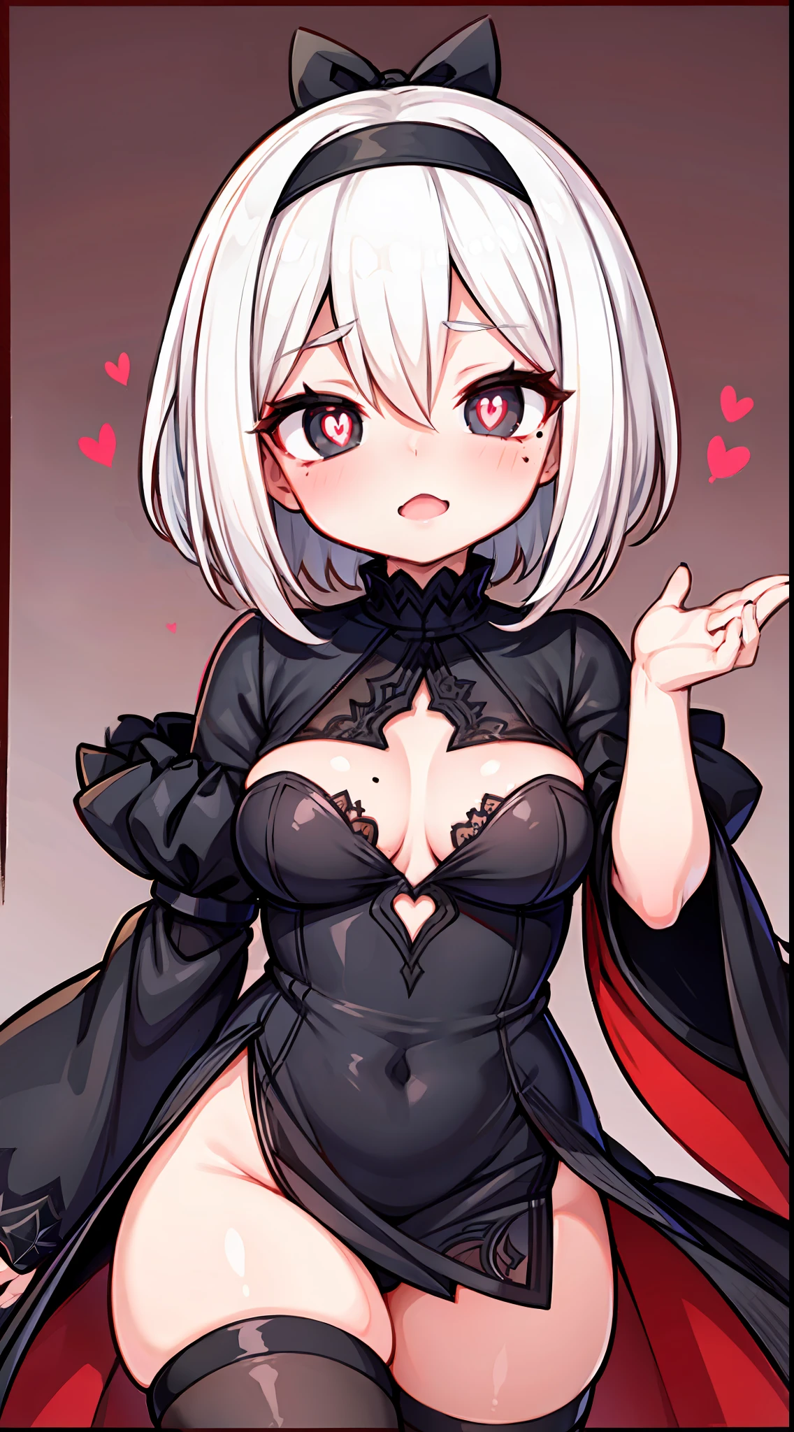 2b,White border on dark red background,Black robe,C cup,black hair band,with short white hair,High detail,ahegao face,Moles under eyes, Heart-shaped pupils,Love pupils,cropped shoulders,Lots of hearts,Fleshy thighs,highly rendered,detailed face with